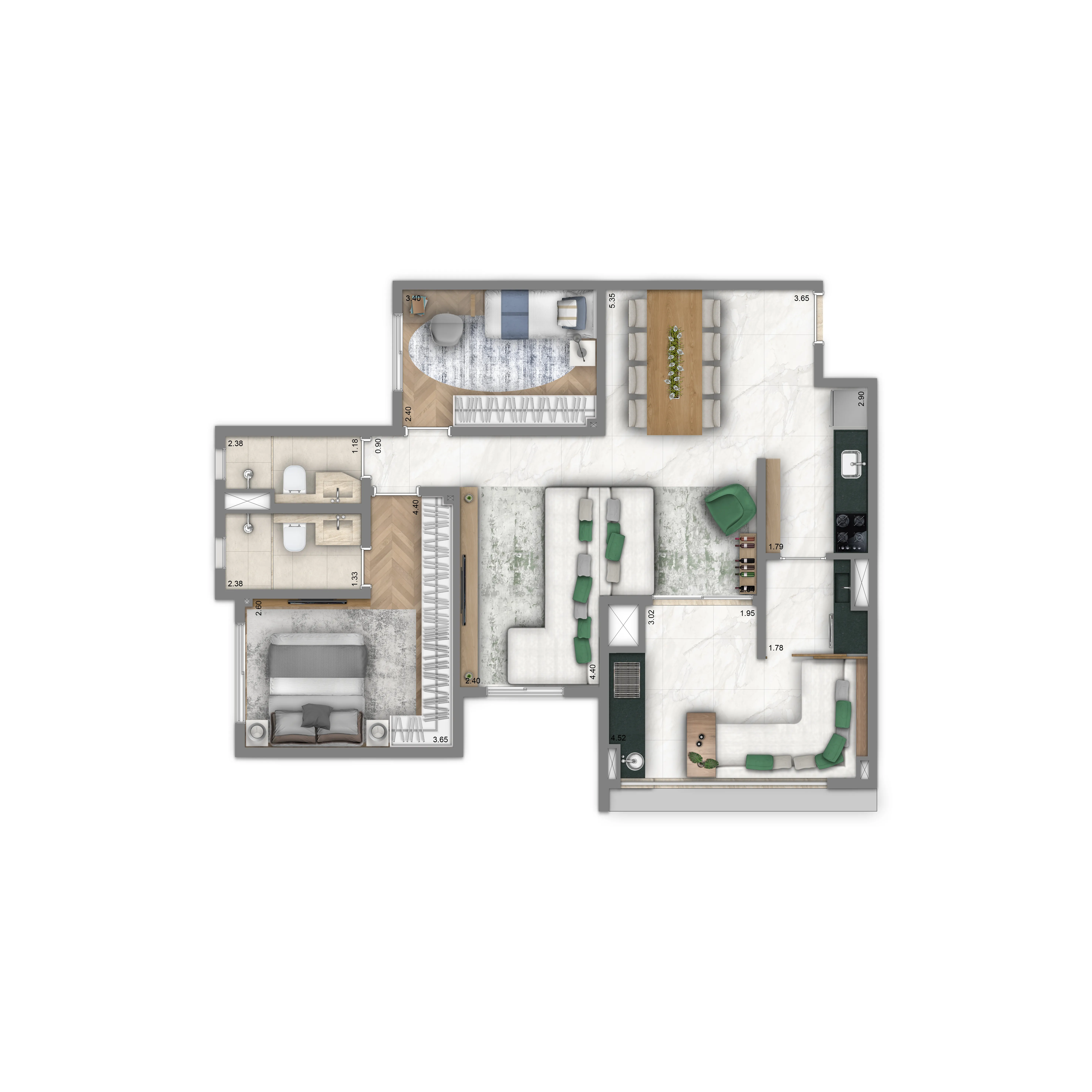 Planta-tipo 83 m² | 2 dorms. (1 suíte) 