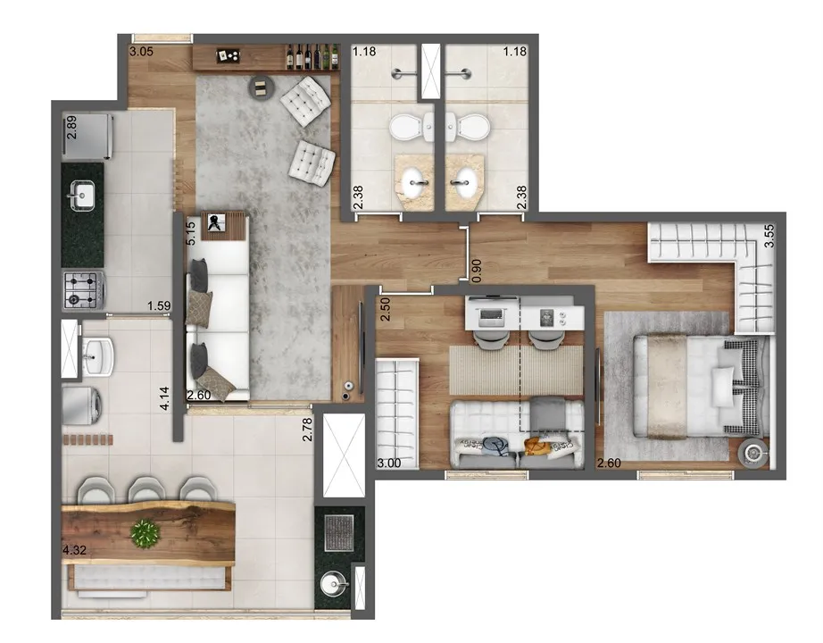 Planta Tipo 64 m² | 2 Dorms. | 1 Suíte 