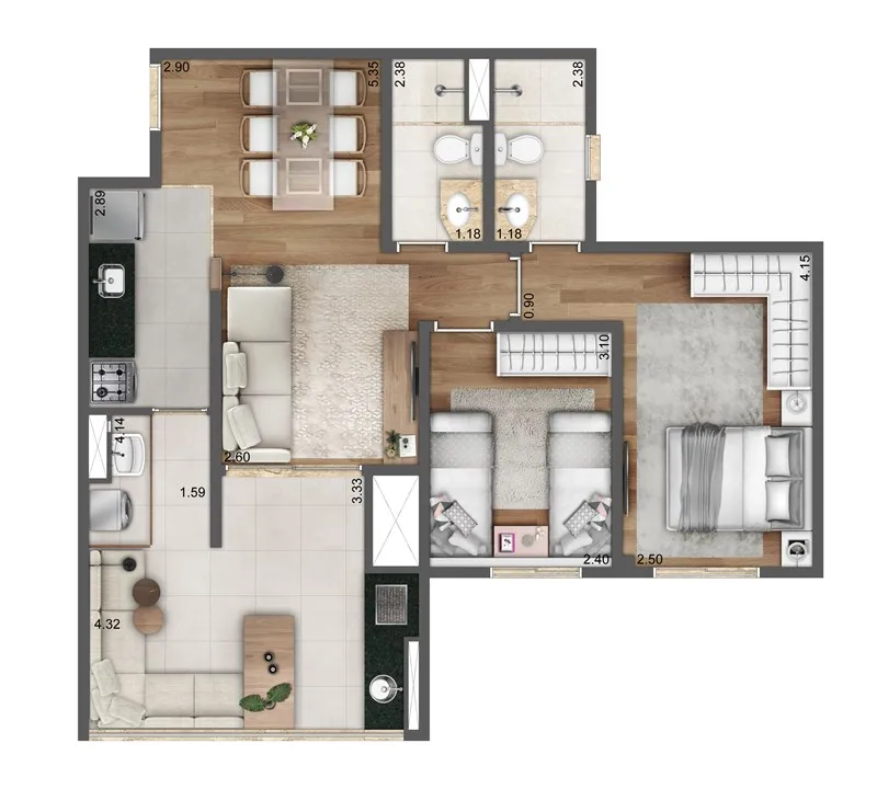 Planta Tipo 67 m² | 2 Dorms. | 1 Suíte
