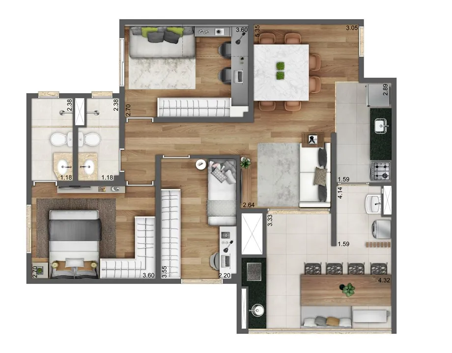 Planta Tipo 80 m² | 3 Dorms. | 1 Suíte