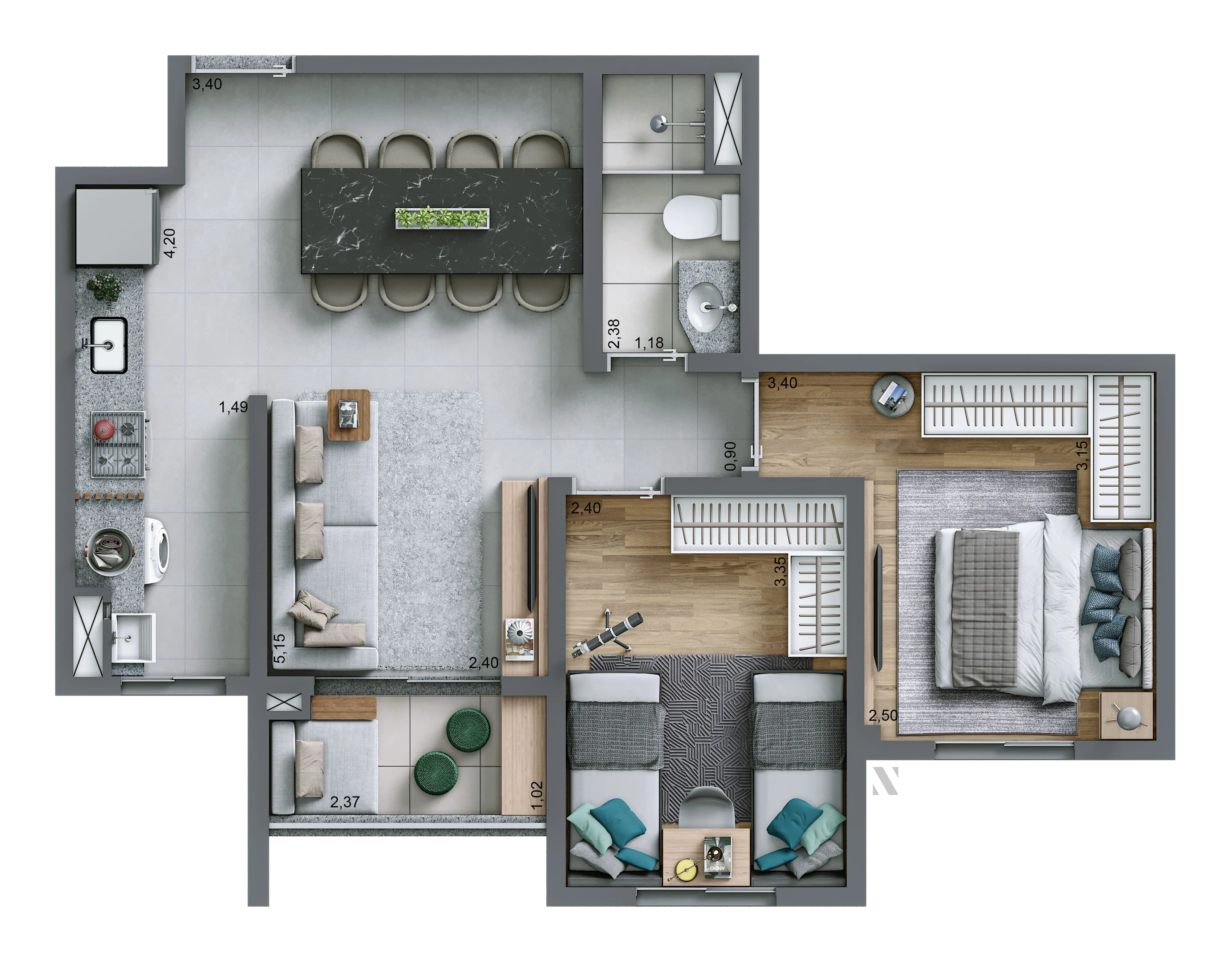 Planta 55 m² | 2 dorms