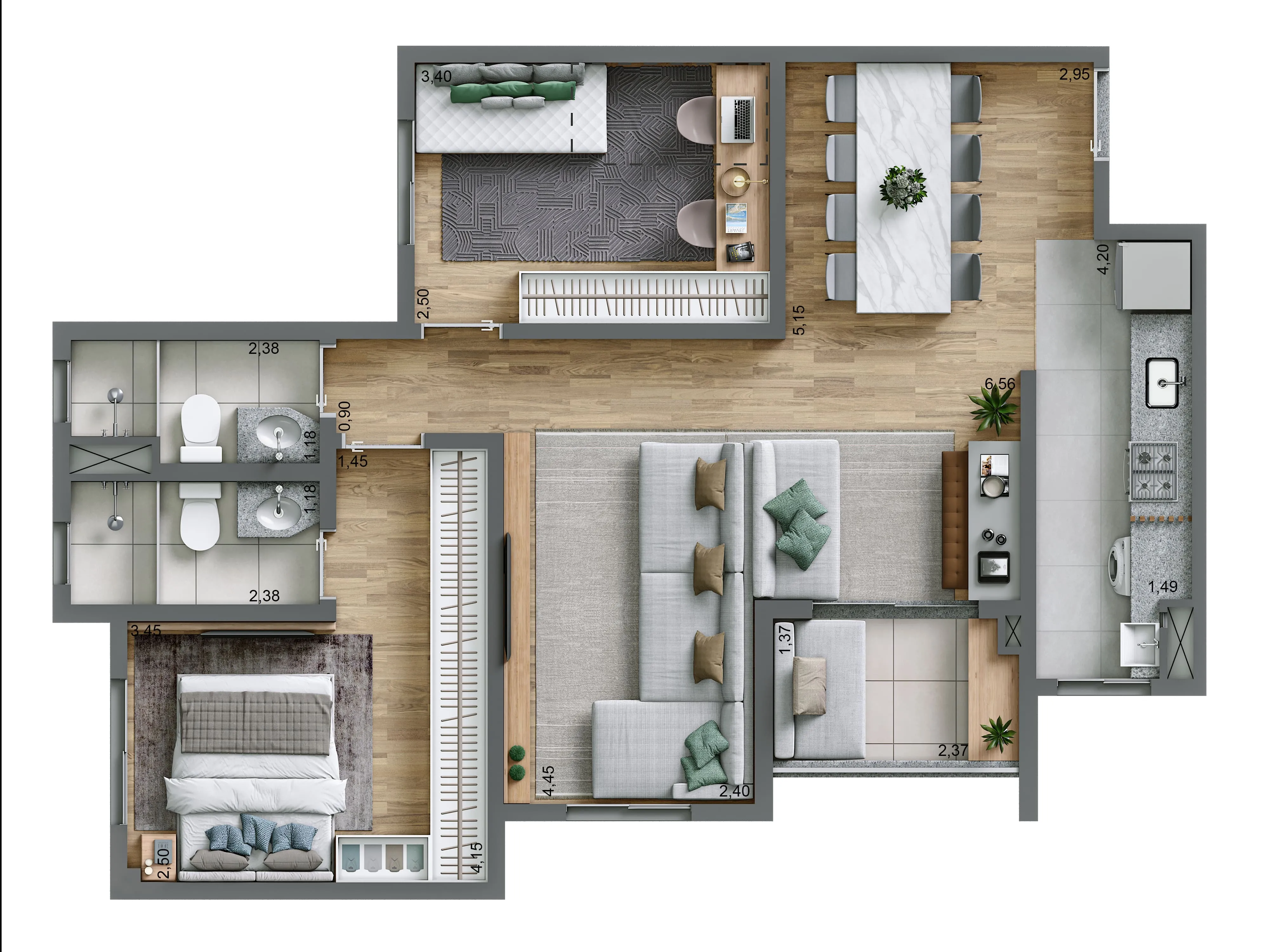 Planta 69 m² | 2 dorms. (1 suíte)