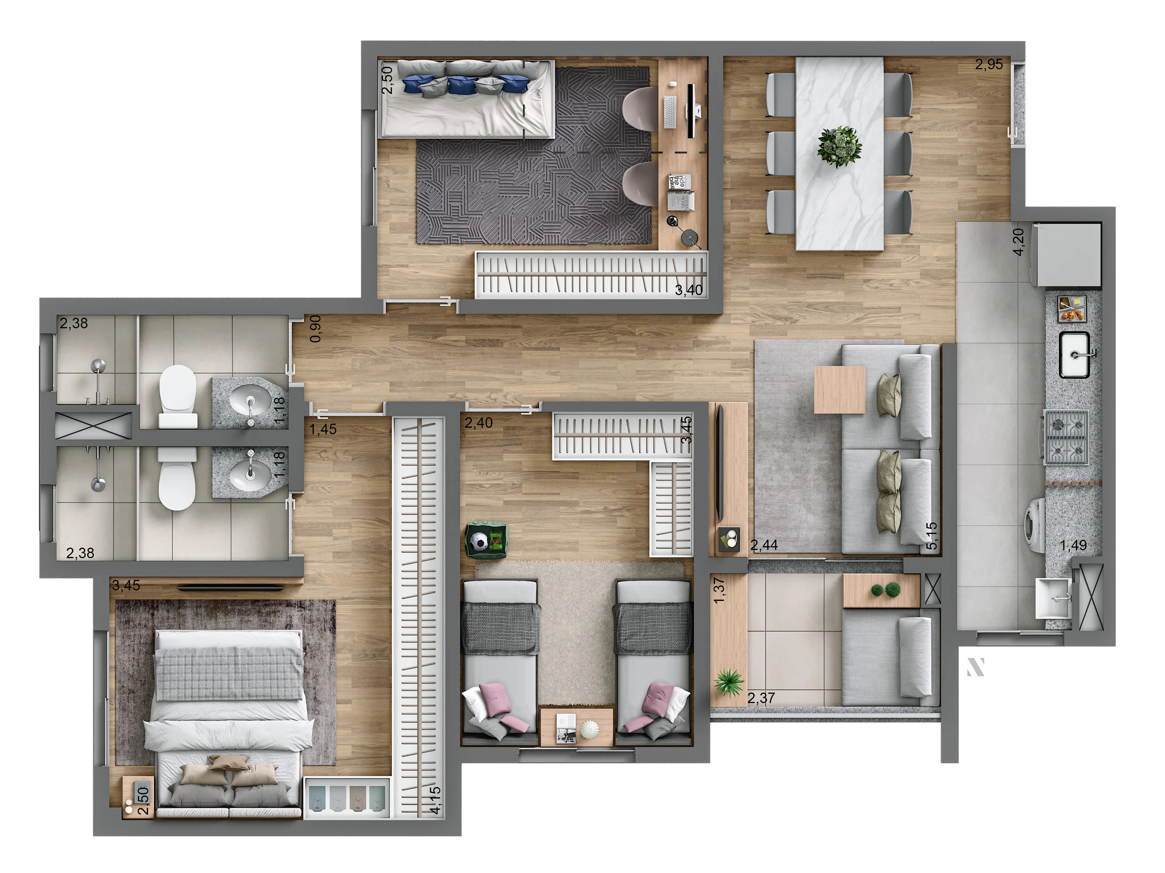 Planta 69 m² | 3 dorms. (1 suíte)