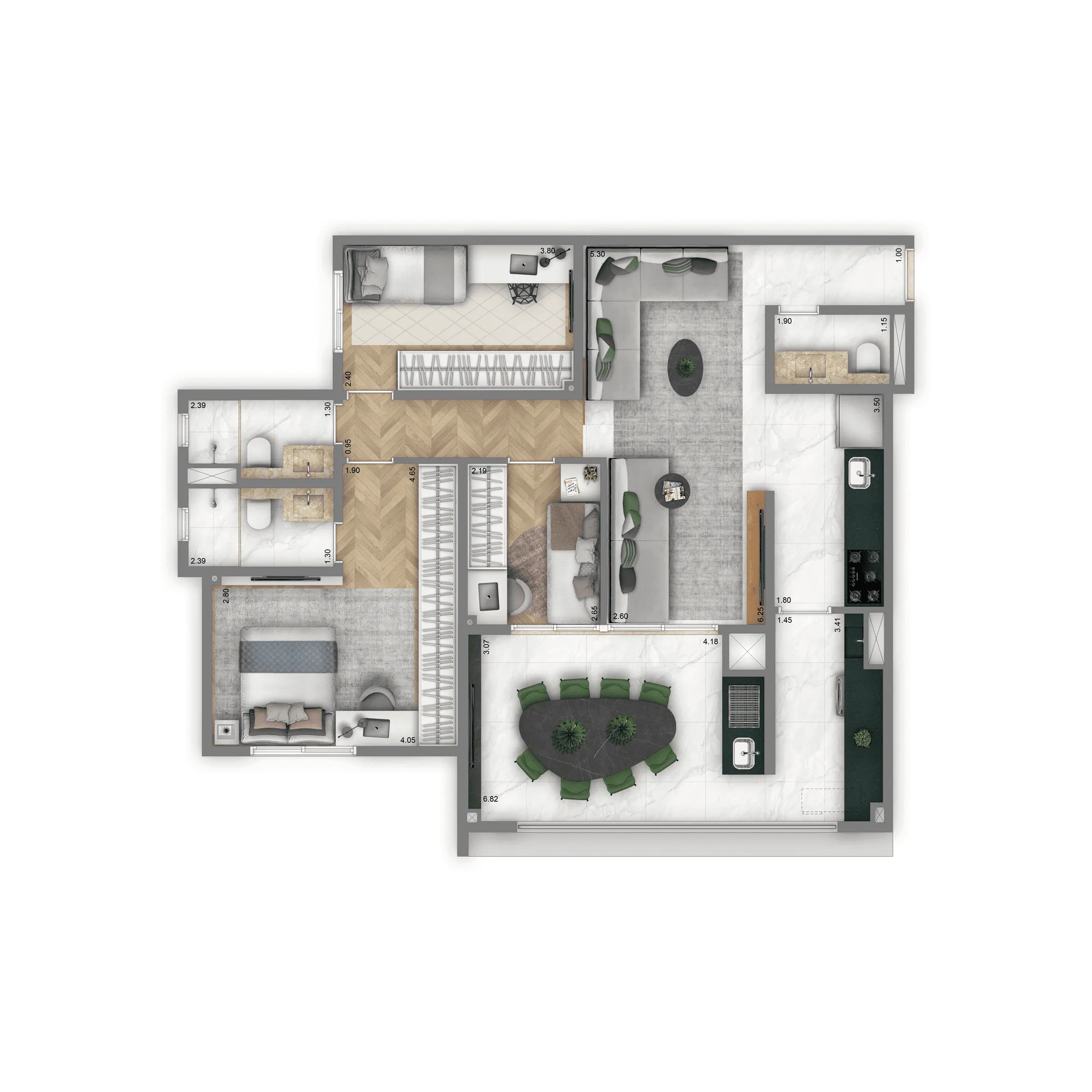 Planta Padrão 100 m² | 3 Dorms (1 suíte)