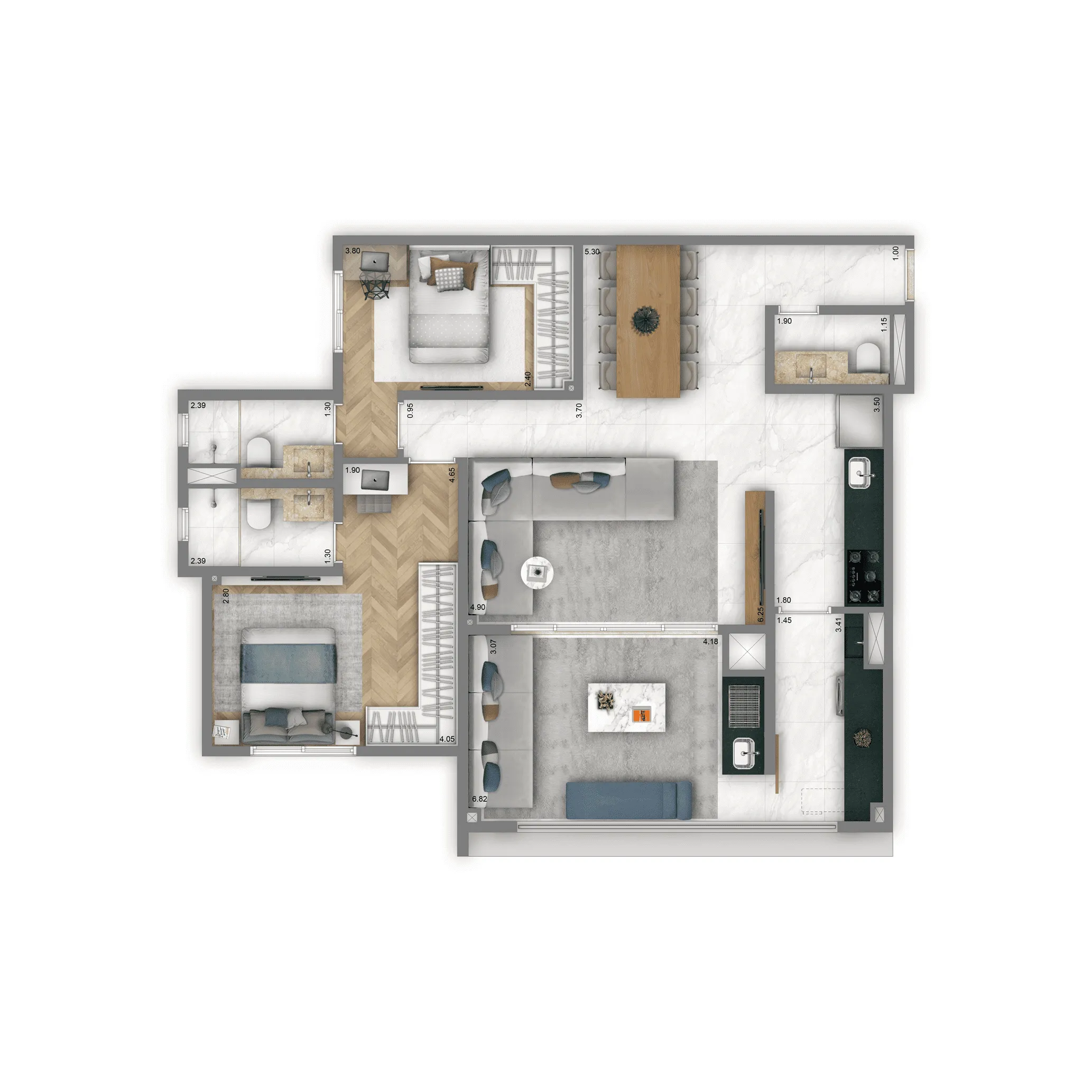 Planta Opção 100 m² | 2 suítes