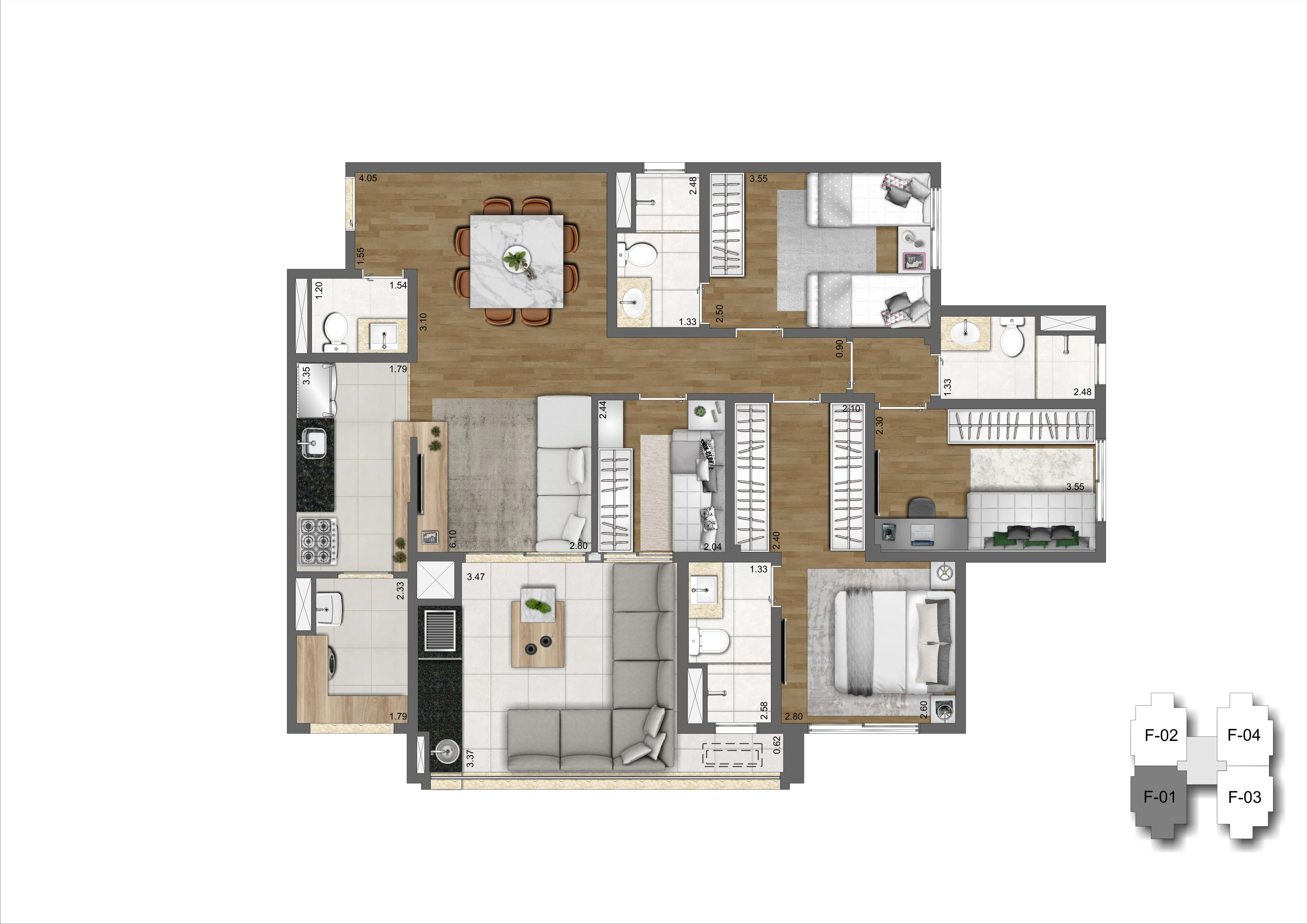 Planta Padrão 109 m² | 4 dorms | 2 suítes