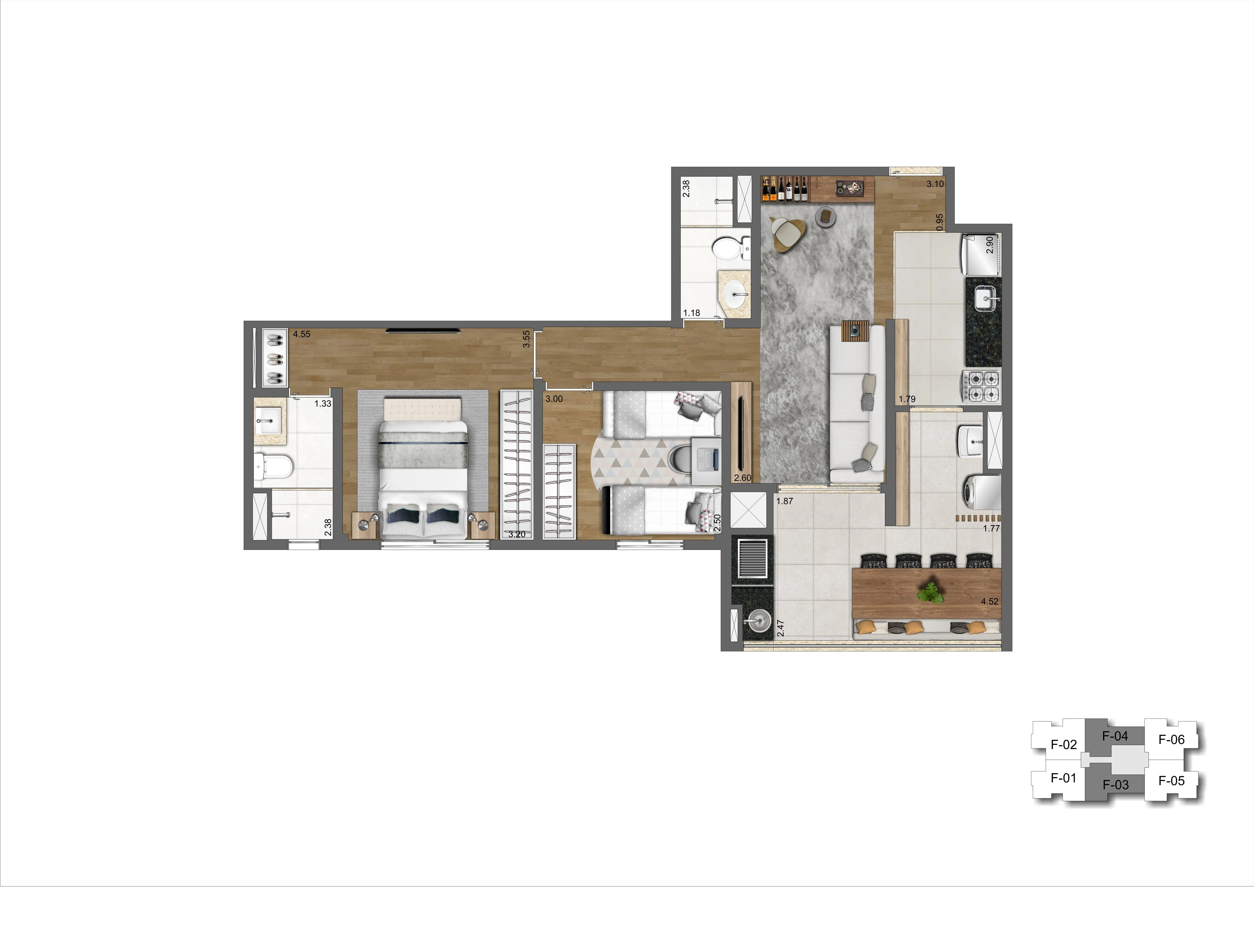 Planta 69 m² | 2 dorms | 1 suíte