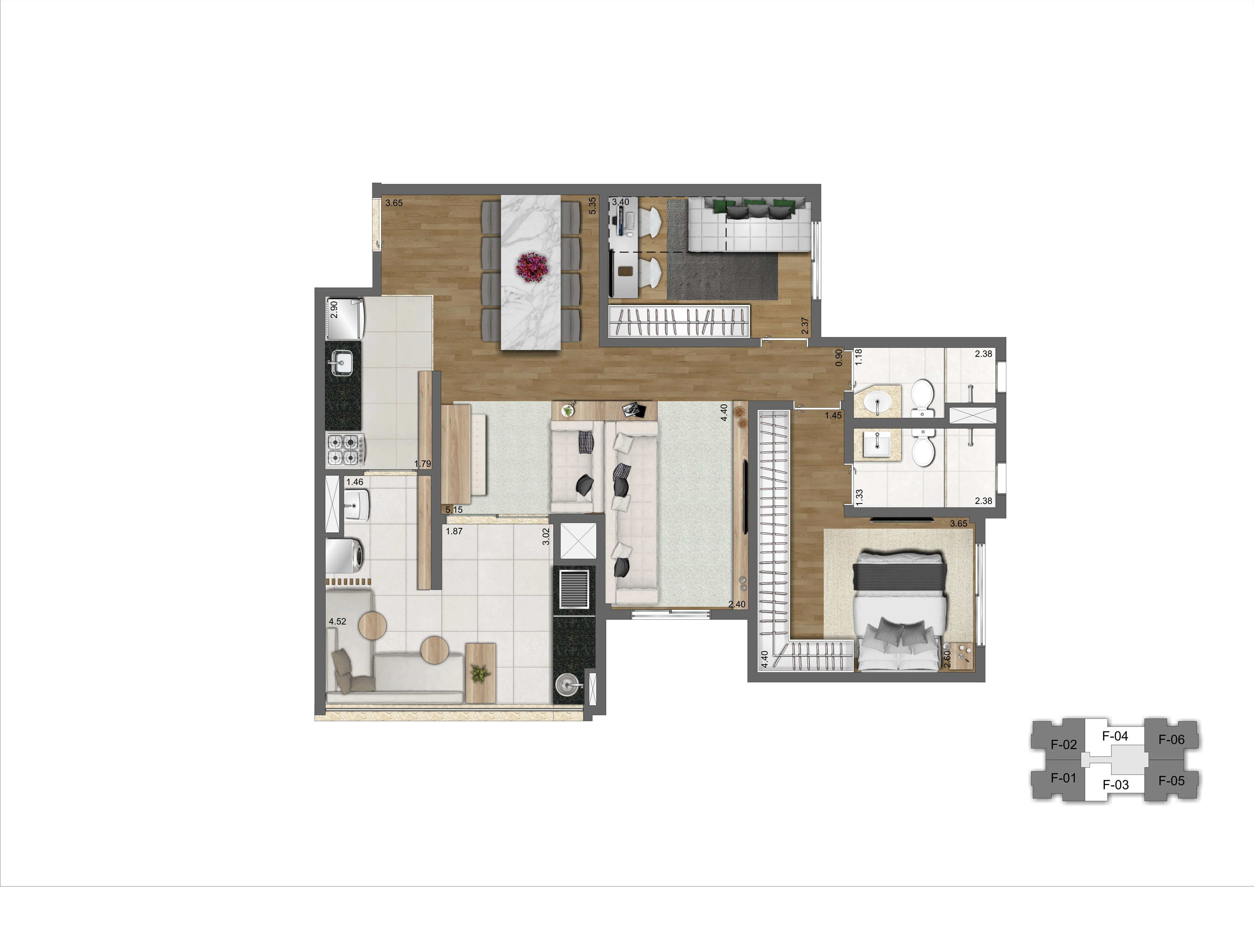 Planta Tipo 83 m² | 2 dorms | 1 suíte
