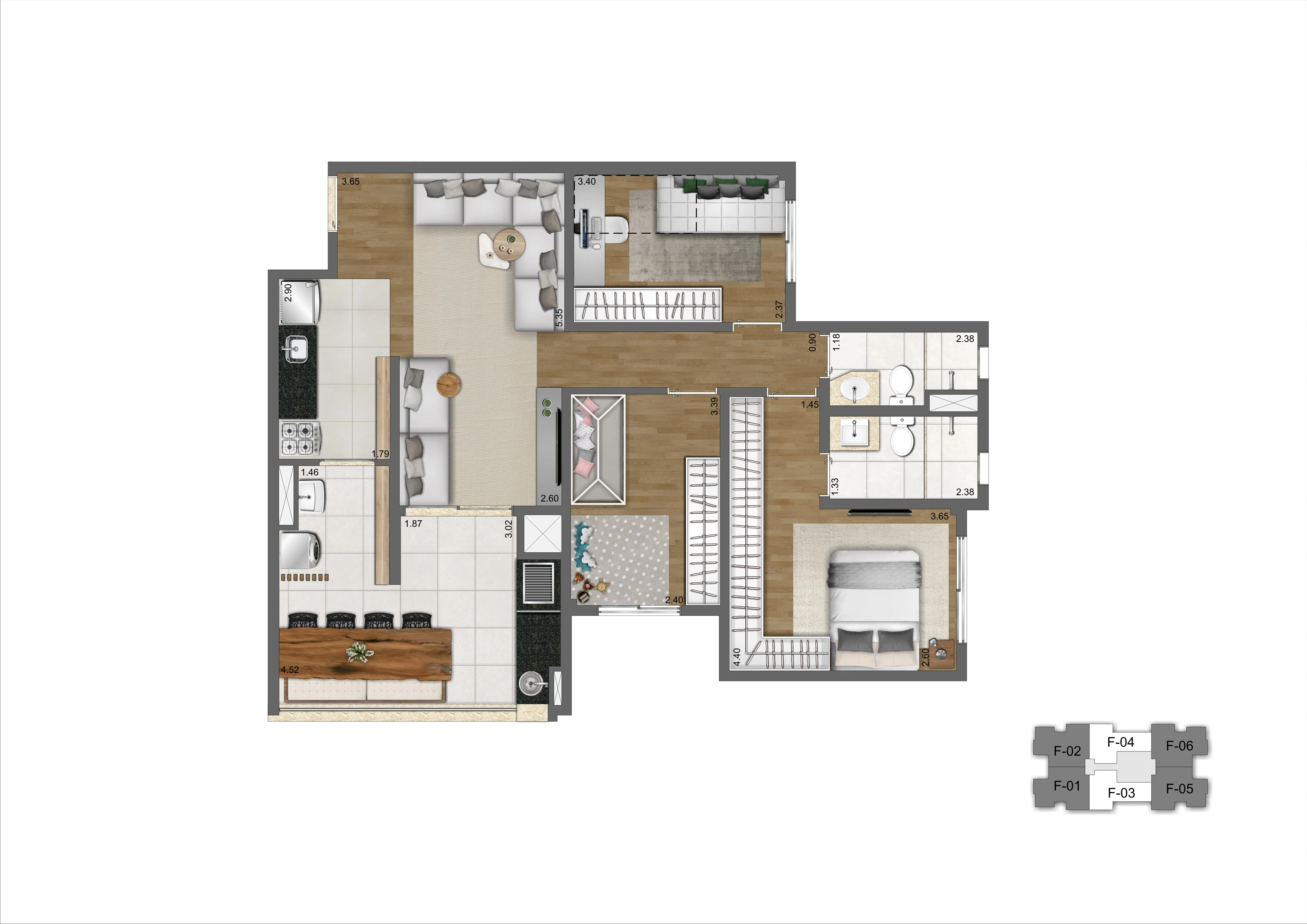 Planta Padrão 83 m² | 3 dorms | 1 suíte