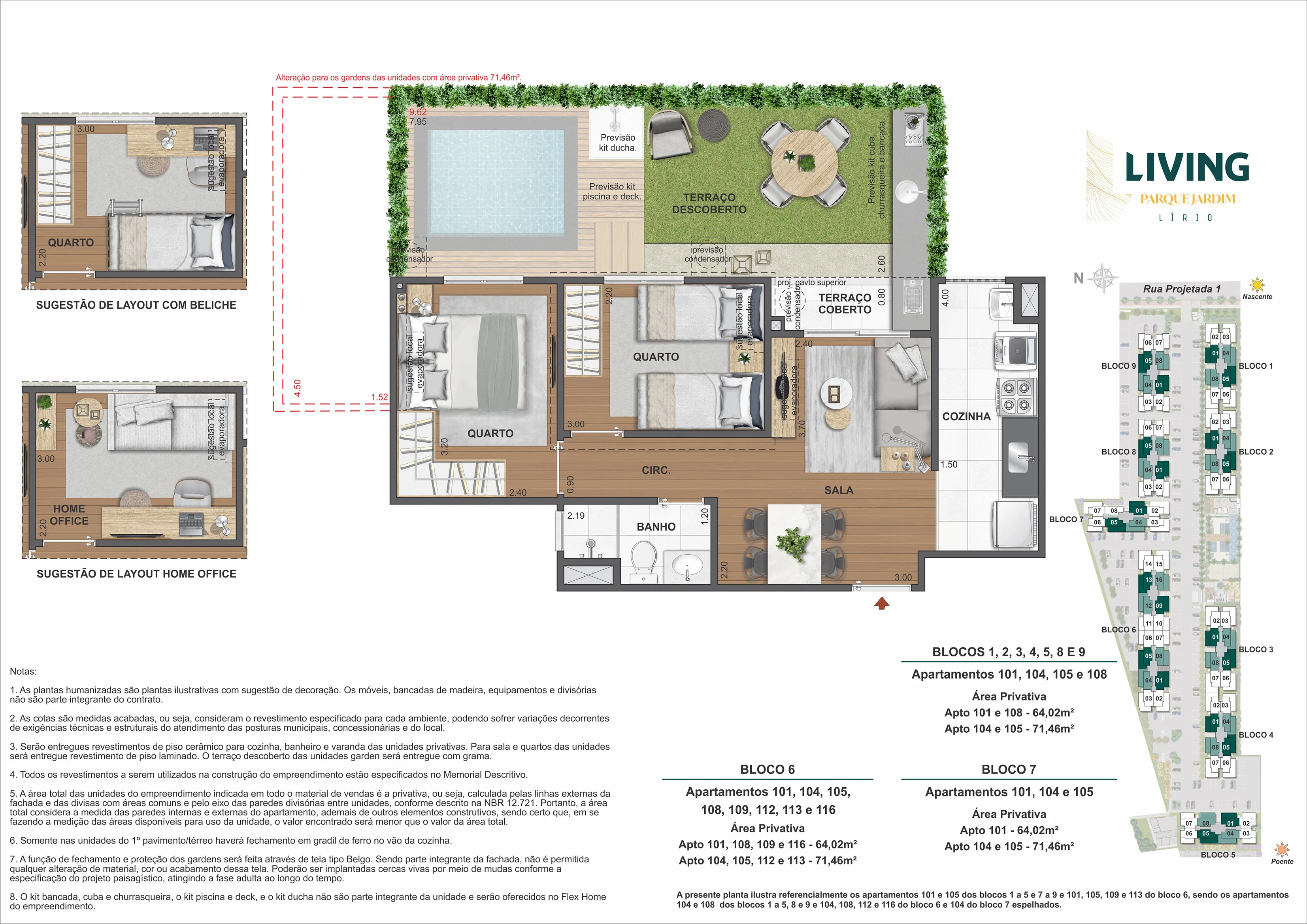 2 Quartos - Opção Garden - Área privativa: 64,02m² até 71,46m²