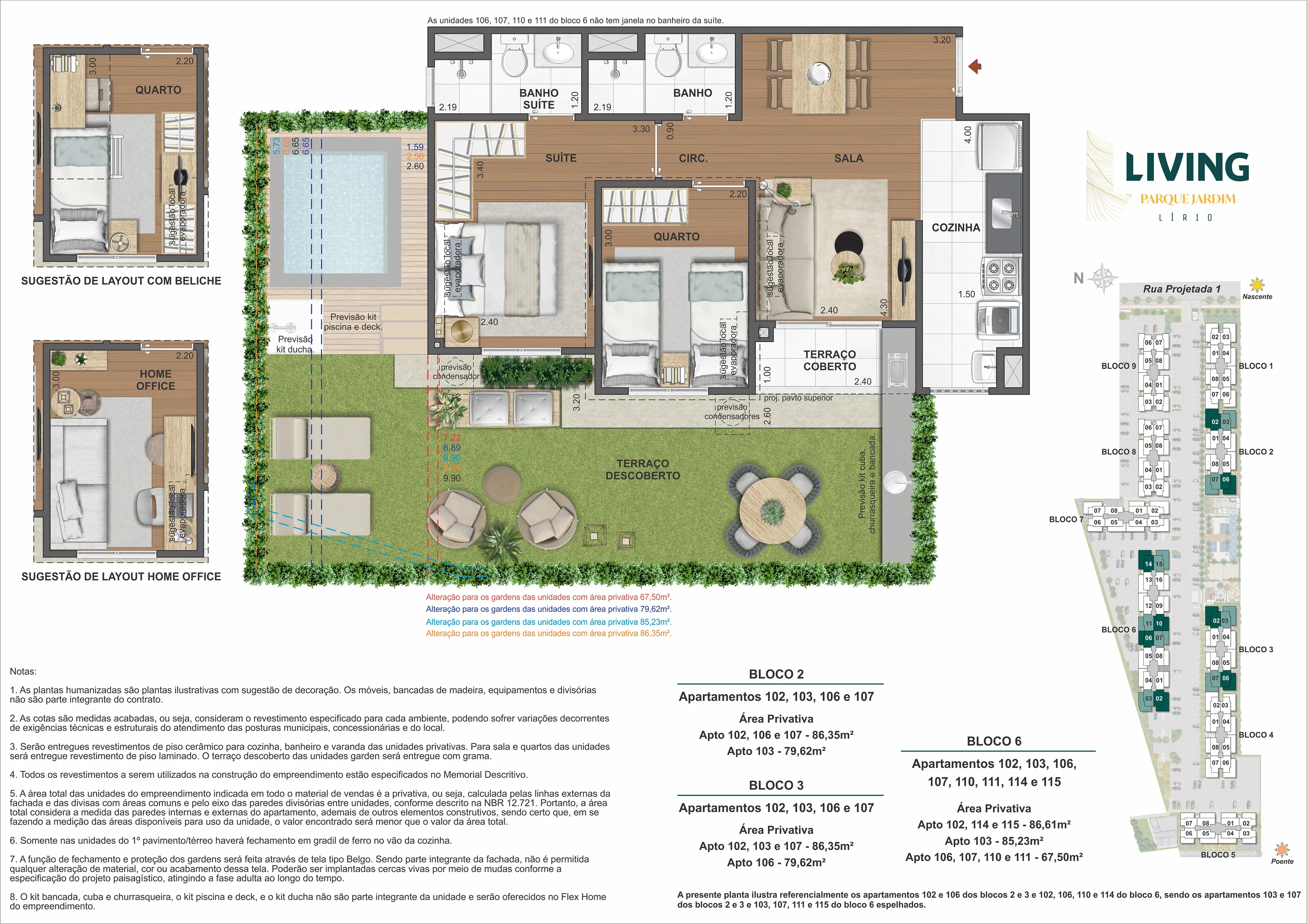 2 Quartos - Opção Suíte e Garden - Área privativa: 67,50m² até 86,35m²