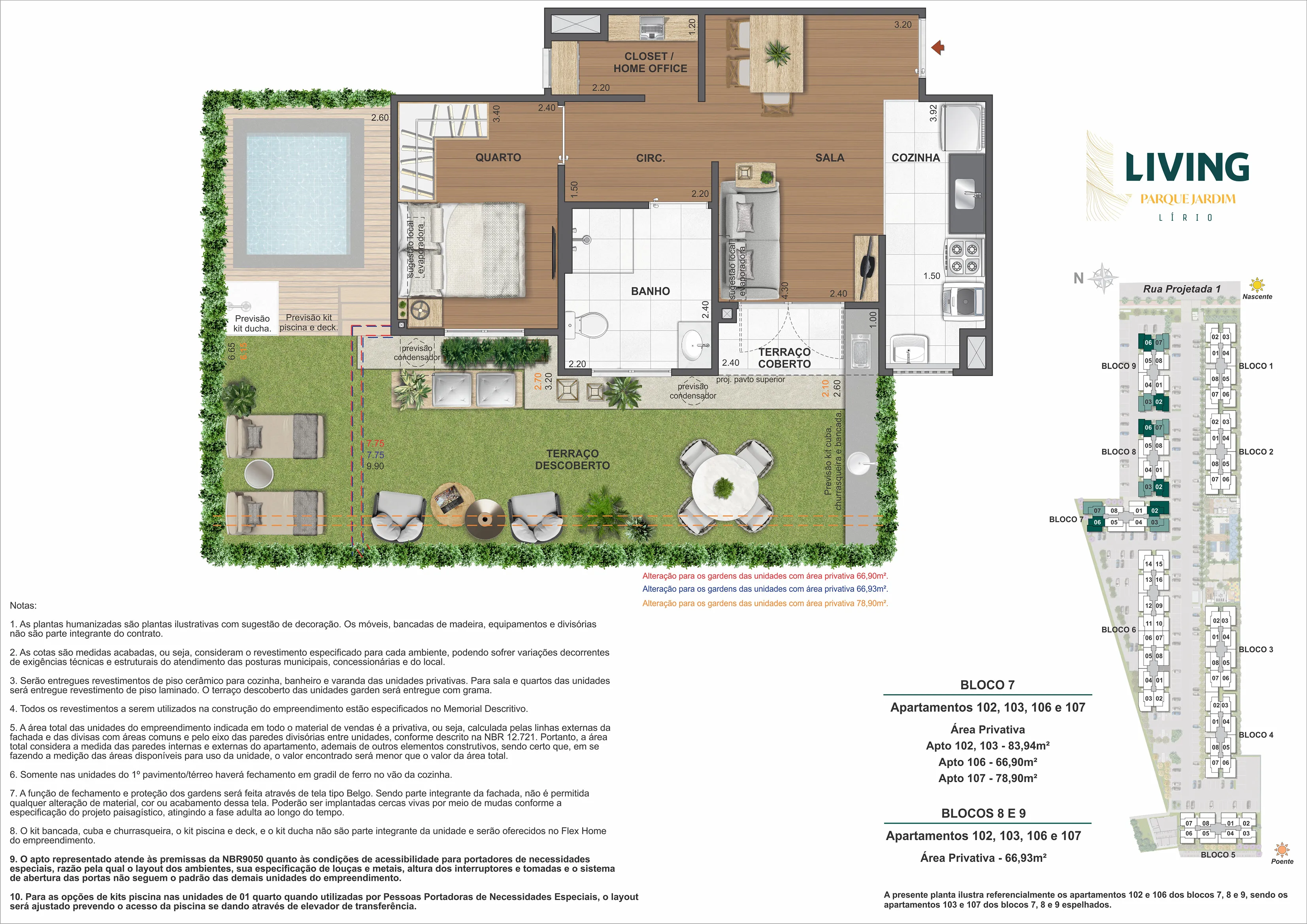 1 Quarto - Opção PNE e Garden - Área privativa: 66,93m² até 83,94m²