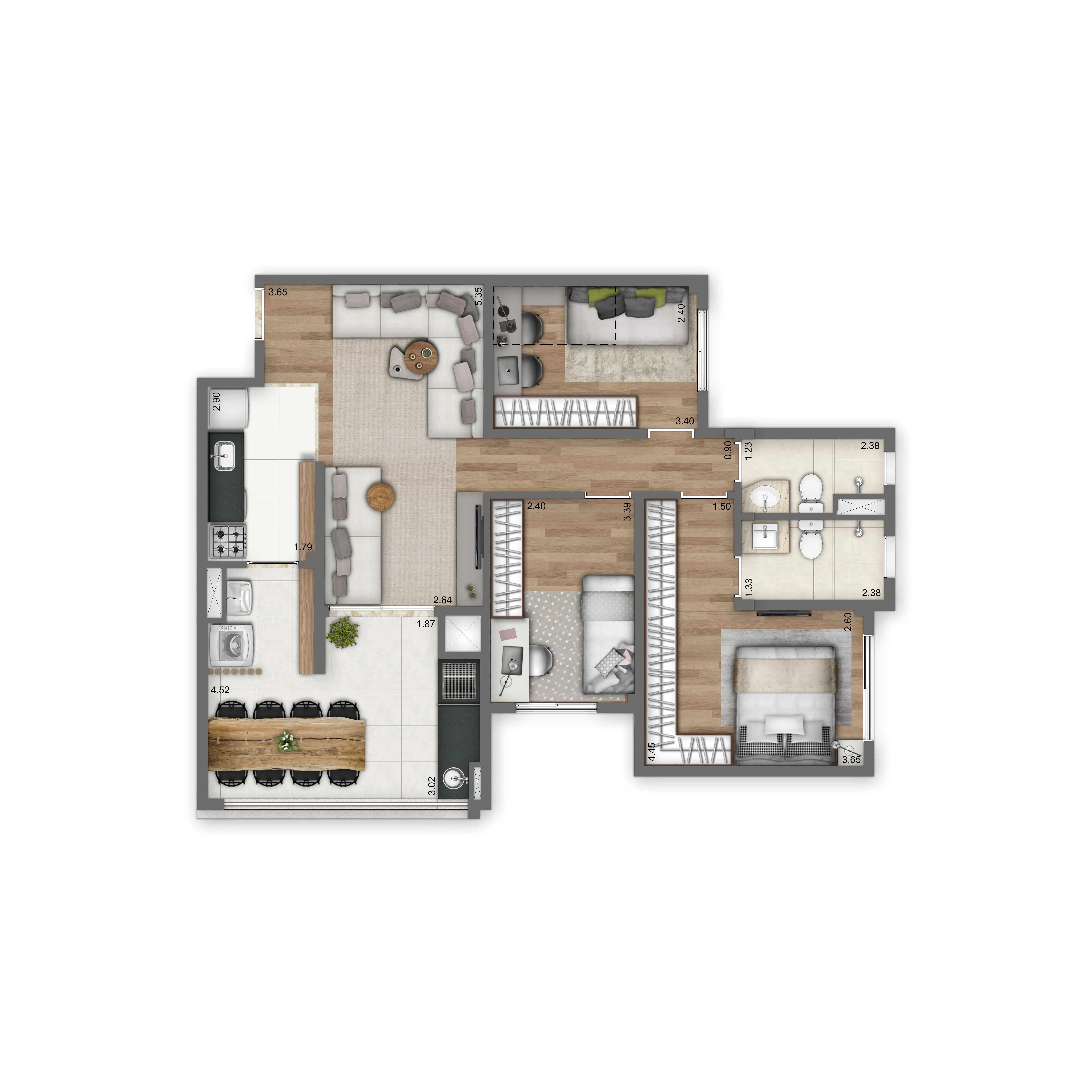 Planta Padrão 84m² | 3 dorms | 1 suíte