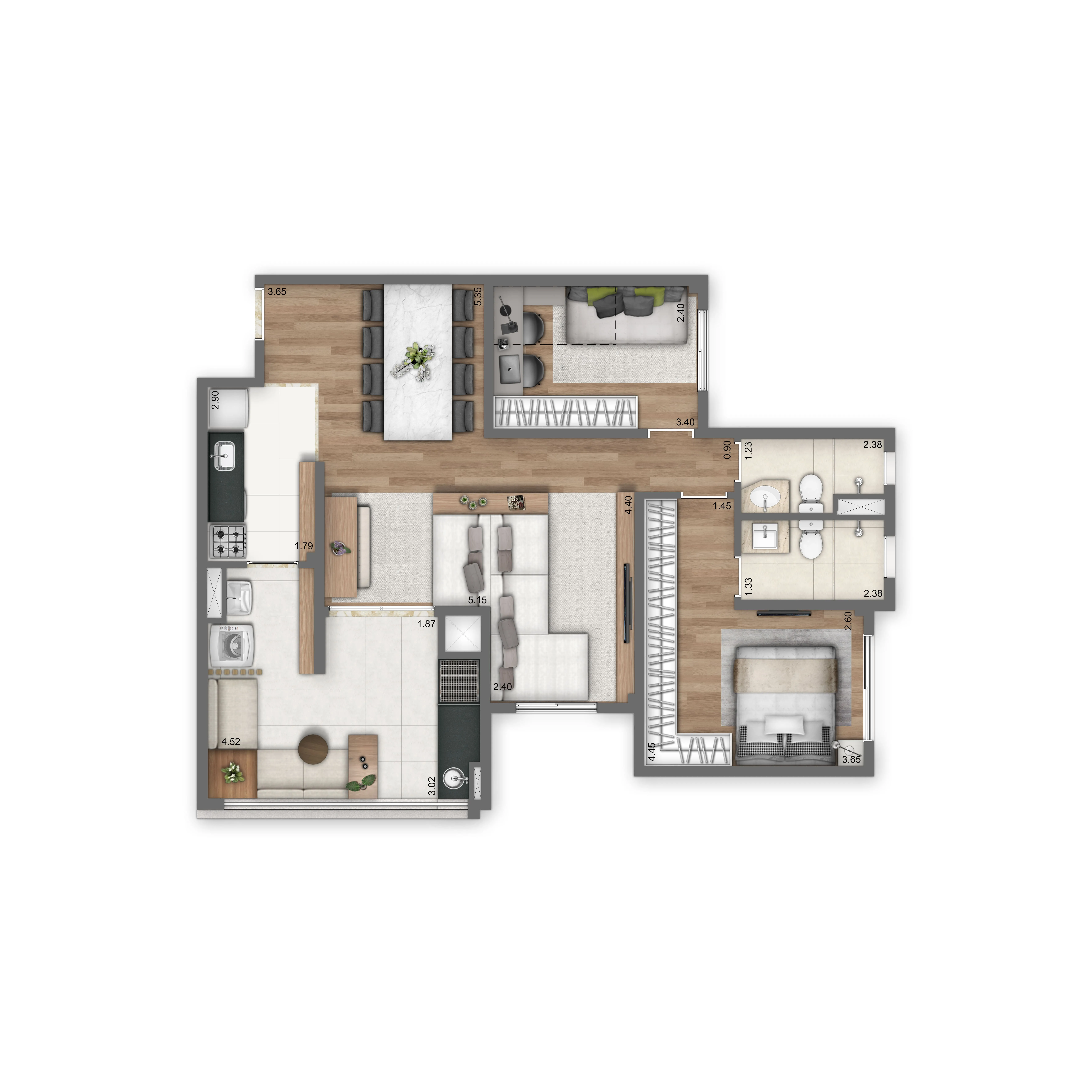 Planta Opção 84m² | 2 dorms | 1 suíte