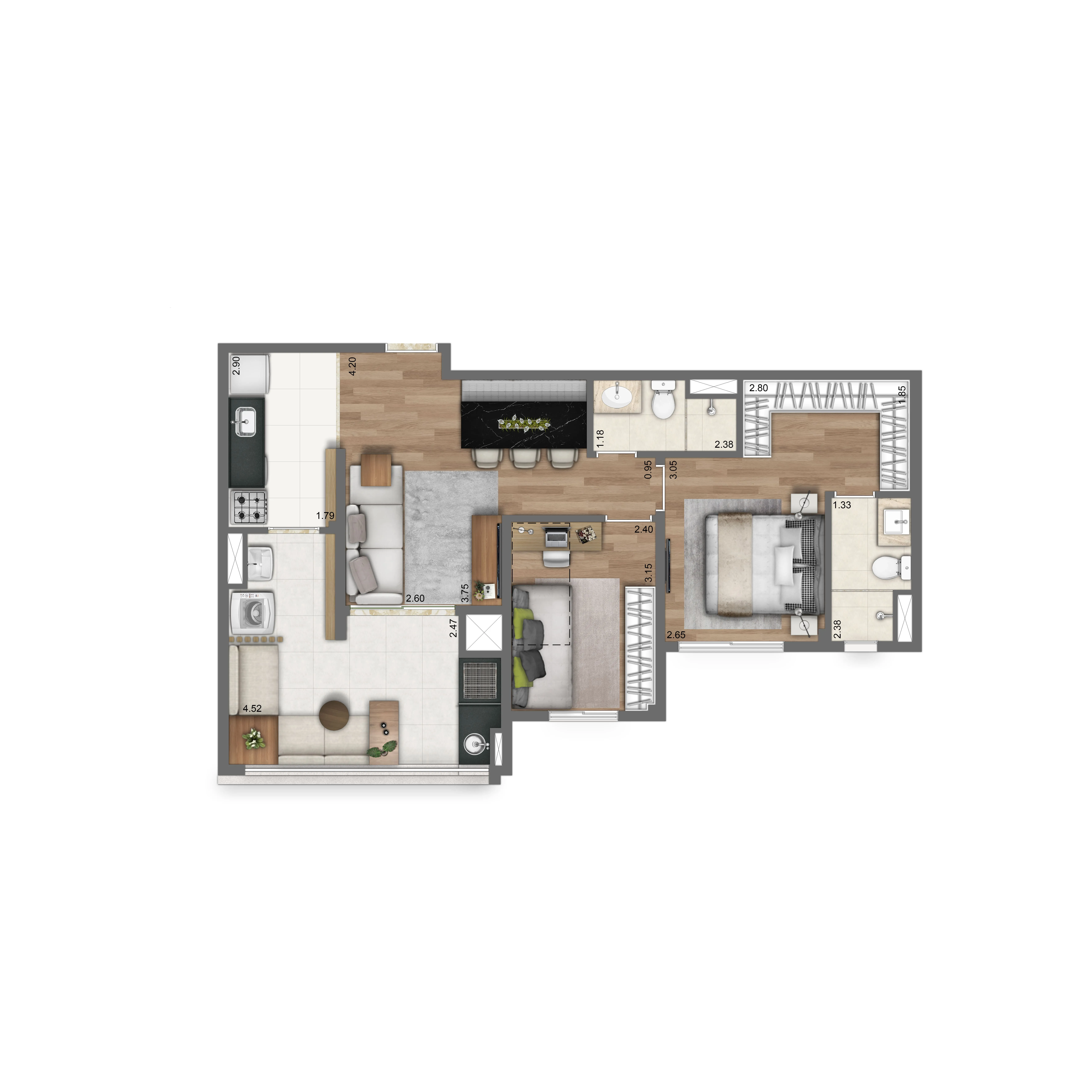 Planta Padrão 67m² | 2 dorms | 1 suíte
