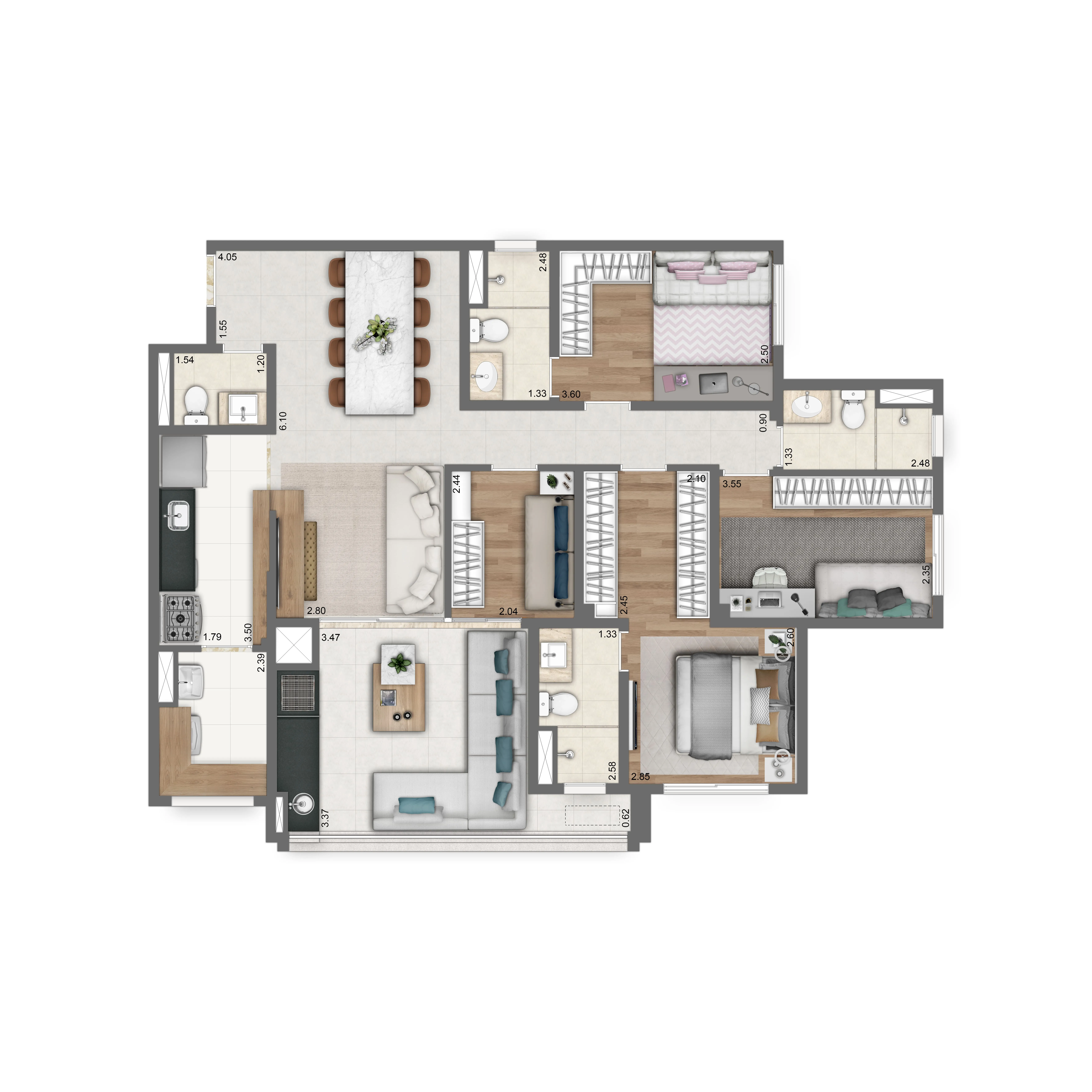 Planta Padrão 110m² | 4 dorms | 2 suítes