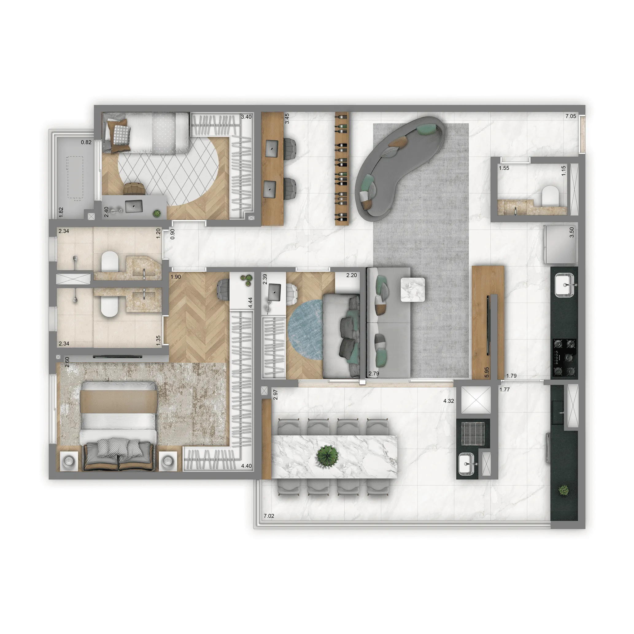 Planta-tipo 104 m² | 3 Dorms. (1 Suíte)