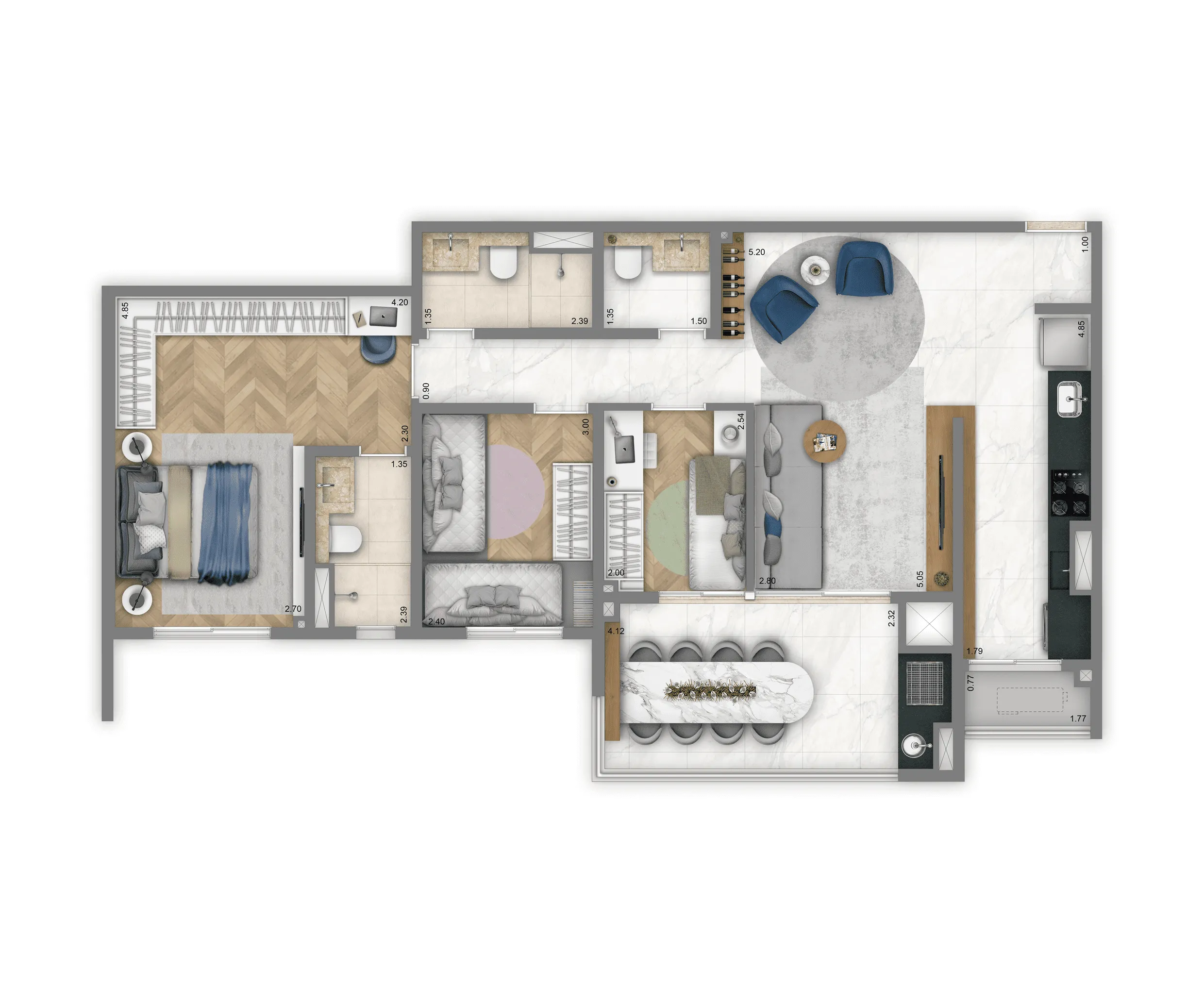 Planta-tipo 90m² | 3 Dorms. (1 Suíte)