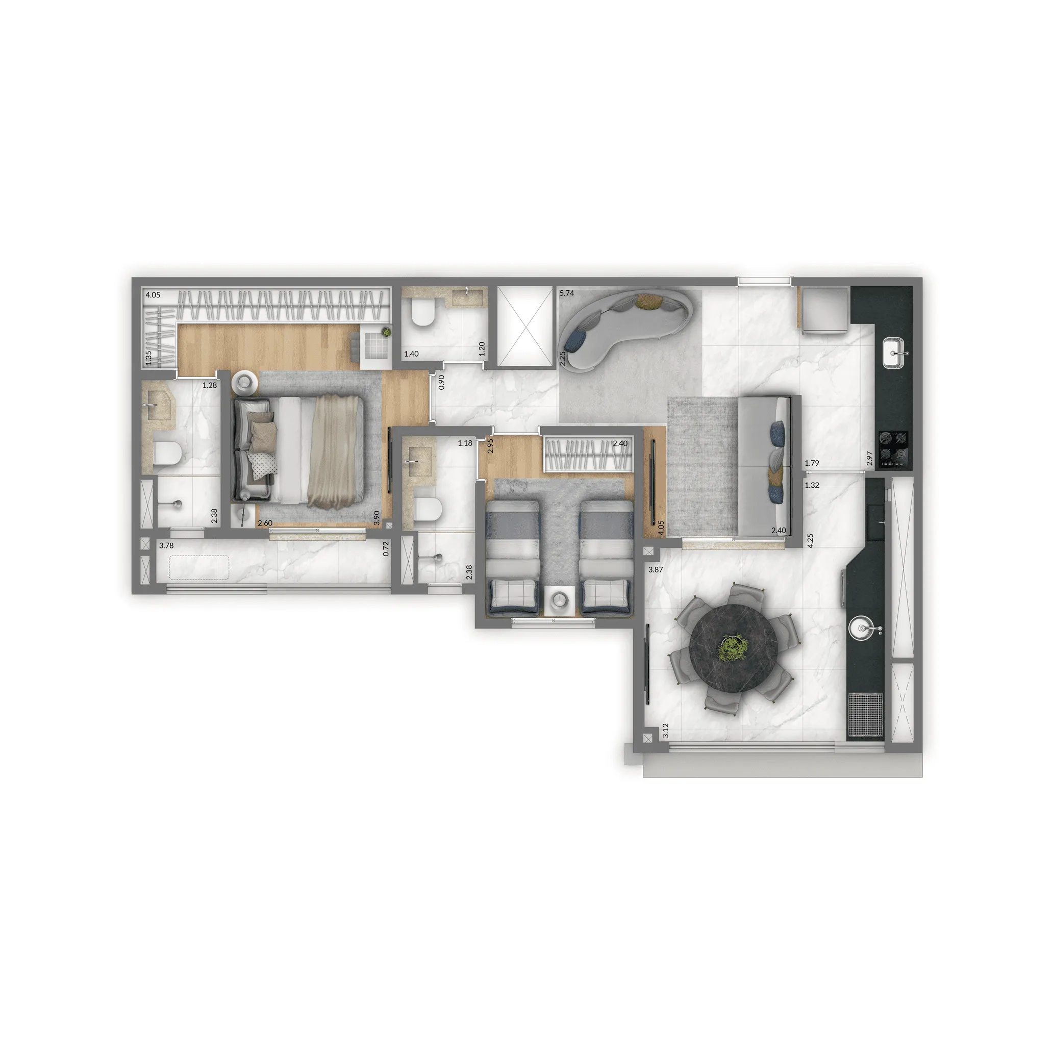 Planta Padrão 74 m² | 2 Suítes