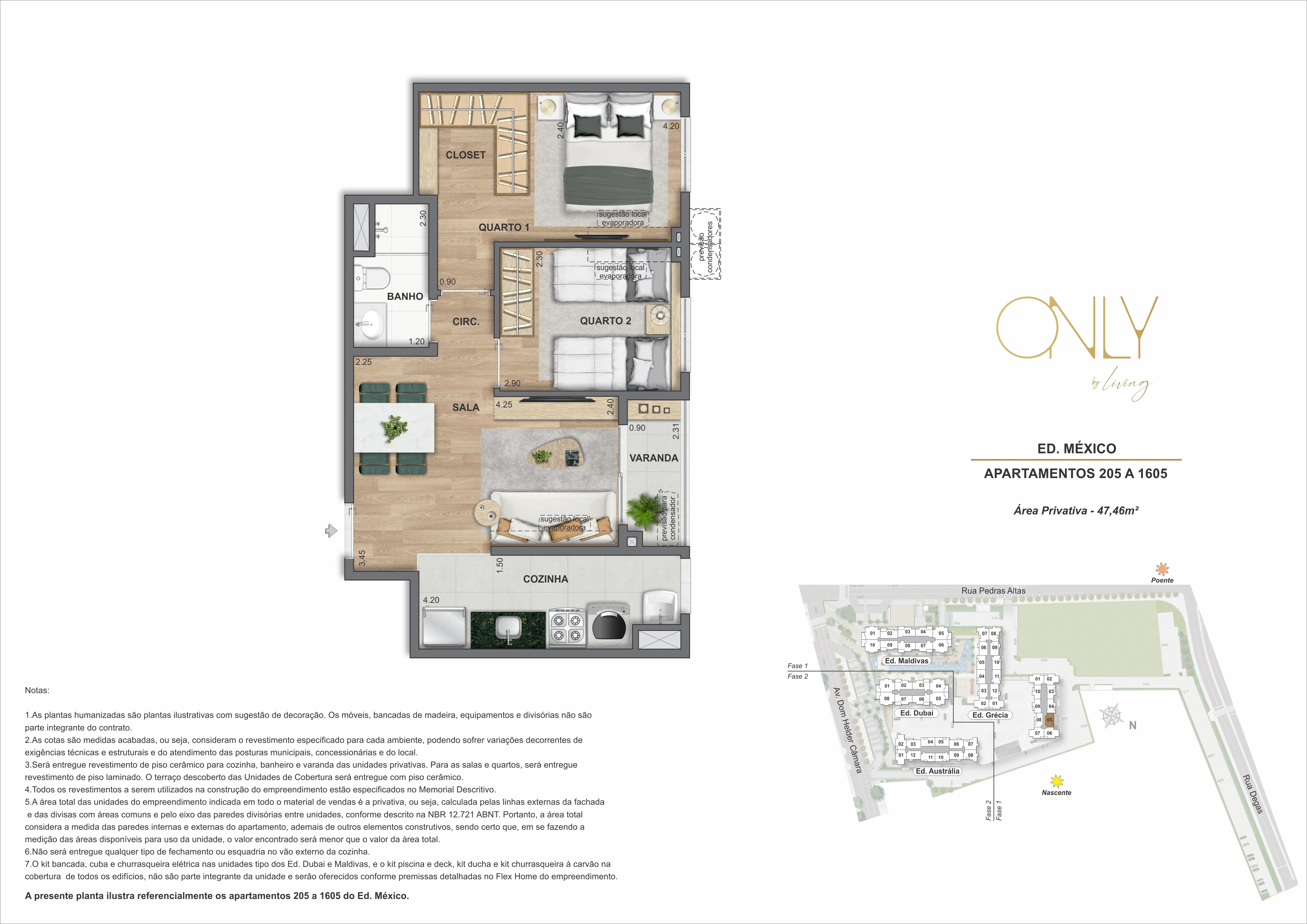 2 Quartos - Área privativa: 47,46m²