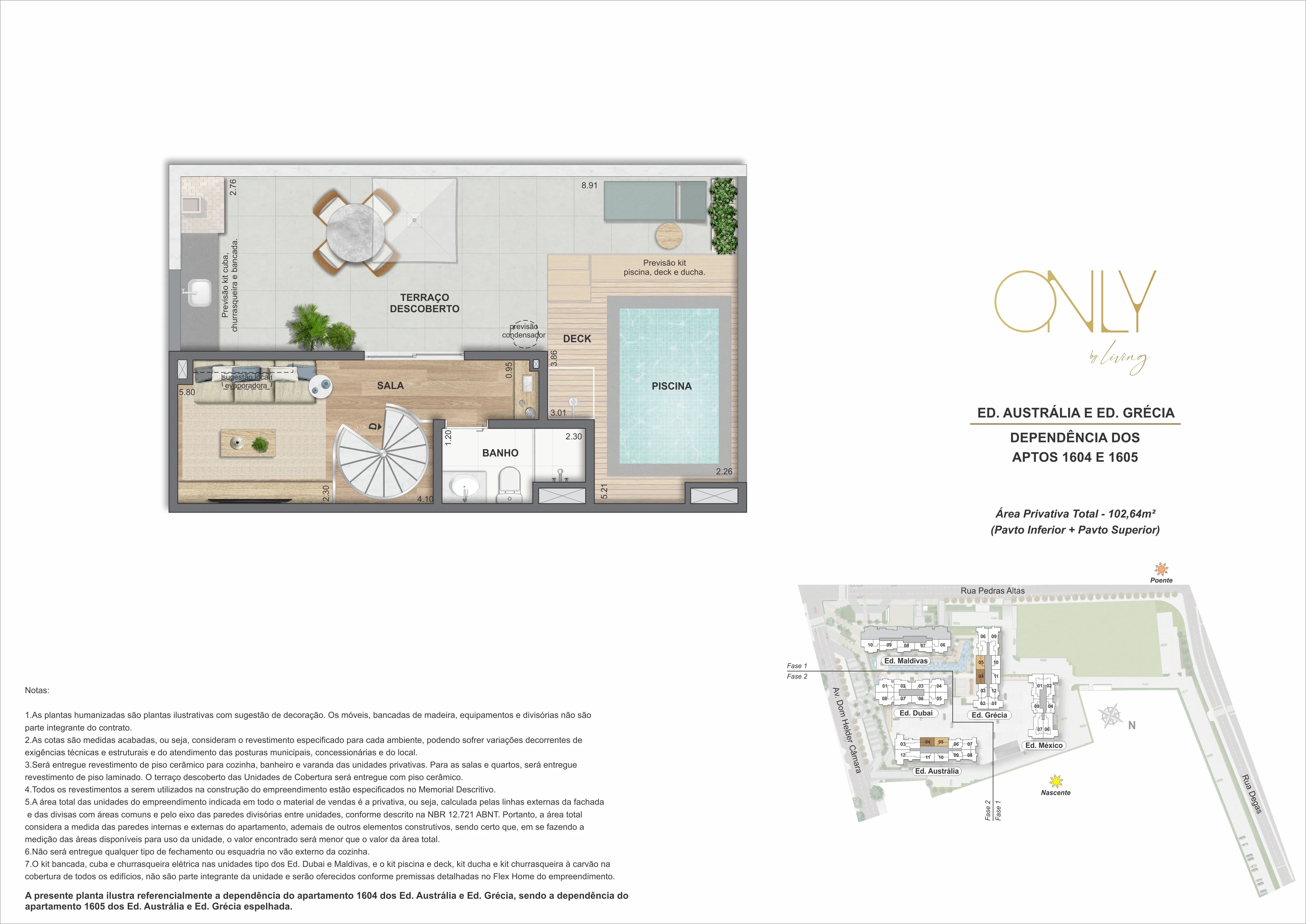 Cobertura Duplex 2 Quartos - Pav. Superior - Área privativa total: 102,64m²