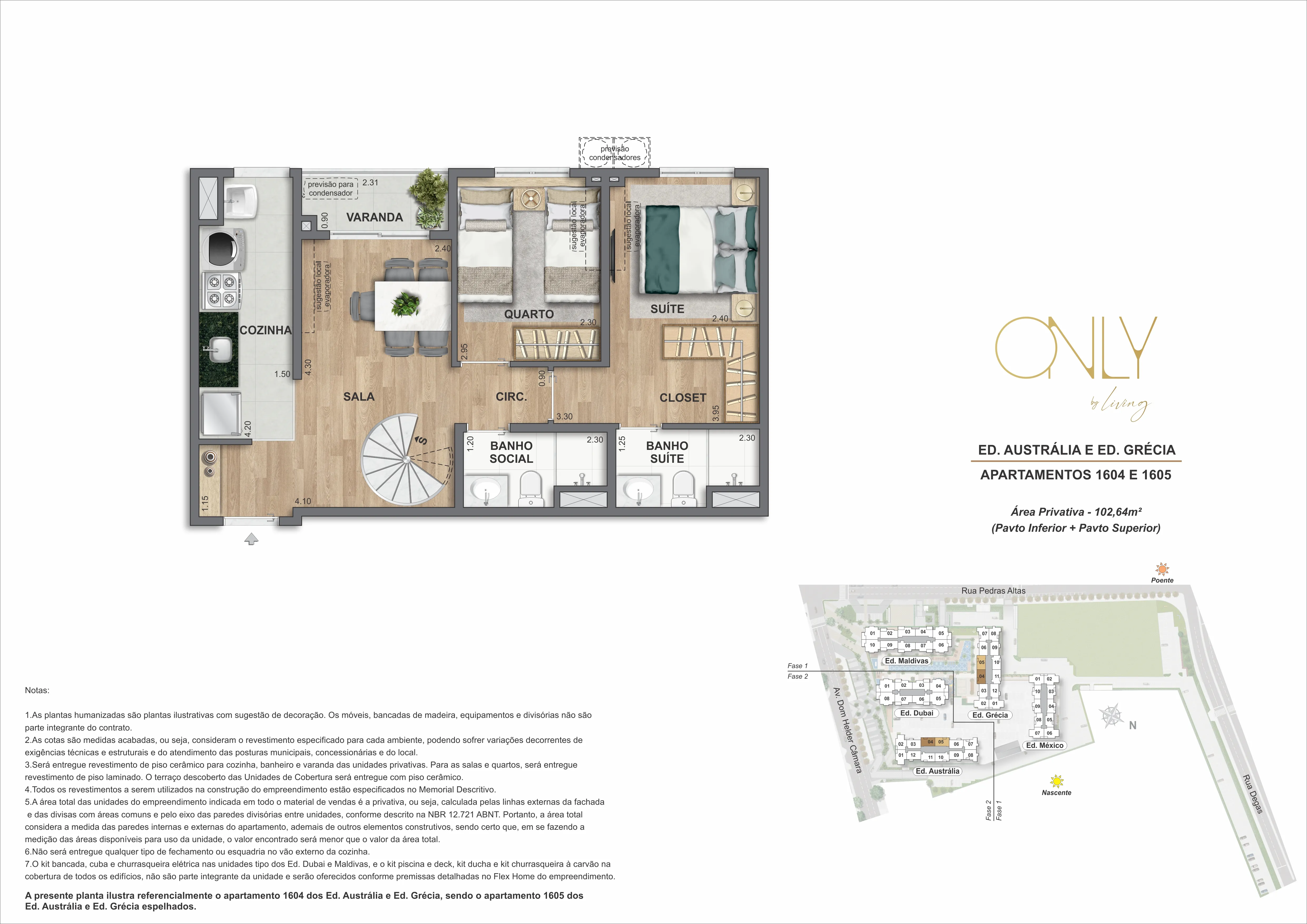 Cobertura Duplex 2 Quartos - Pav. Inferior - Área privativa total: 102,64m²