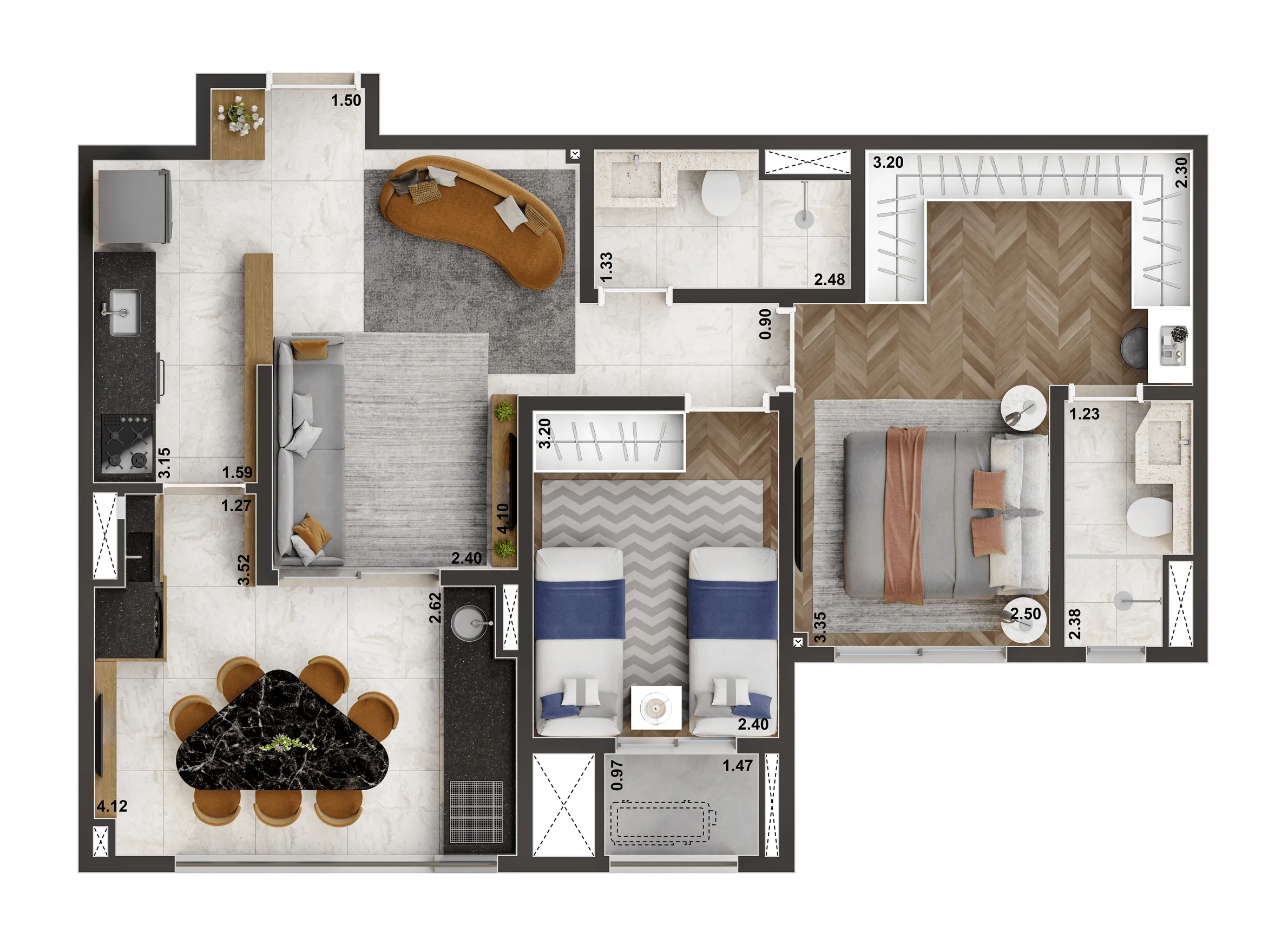 Planta Padrão de 70m² | 2 dorms | (1 suíte)