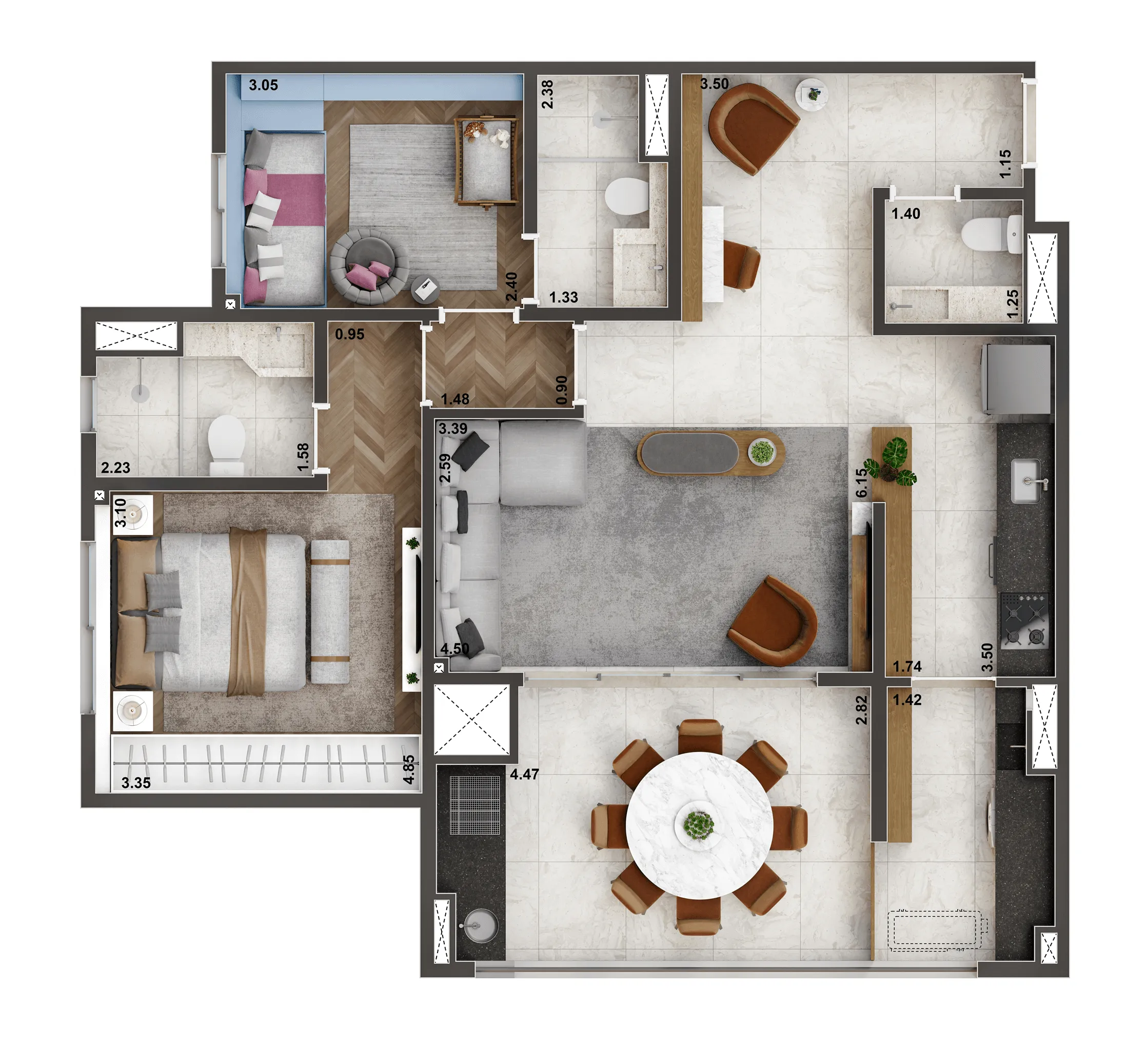 Planta Opção de 84m² | 2 suítes