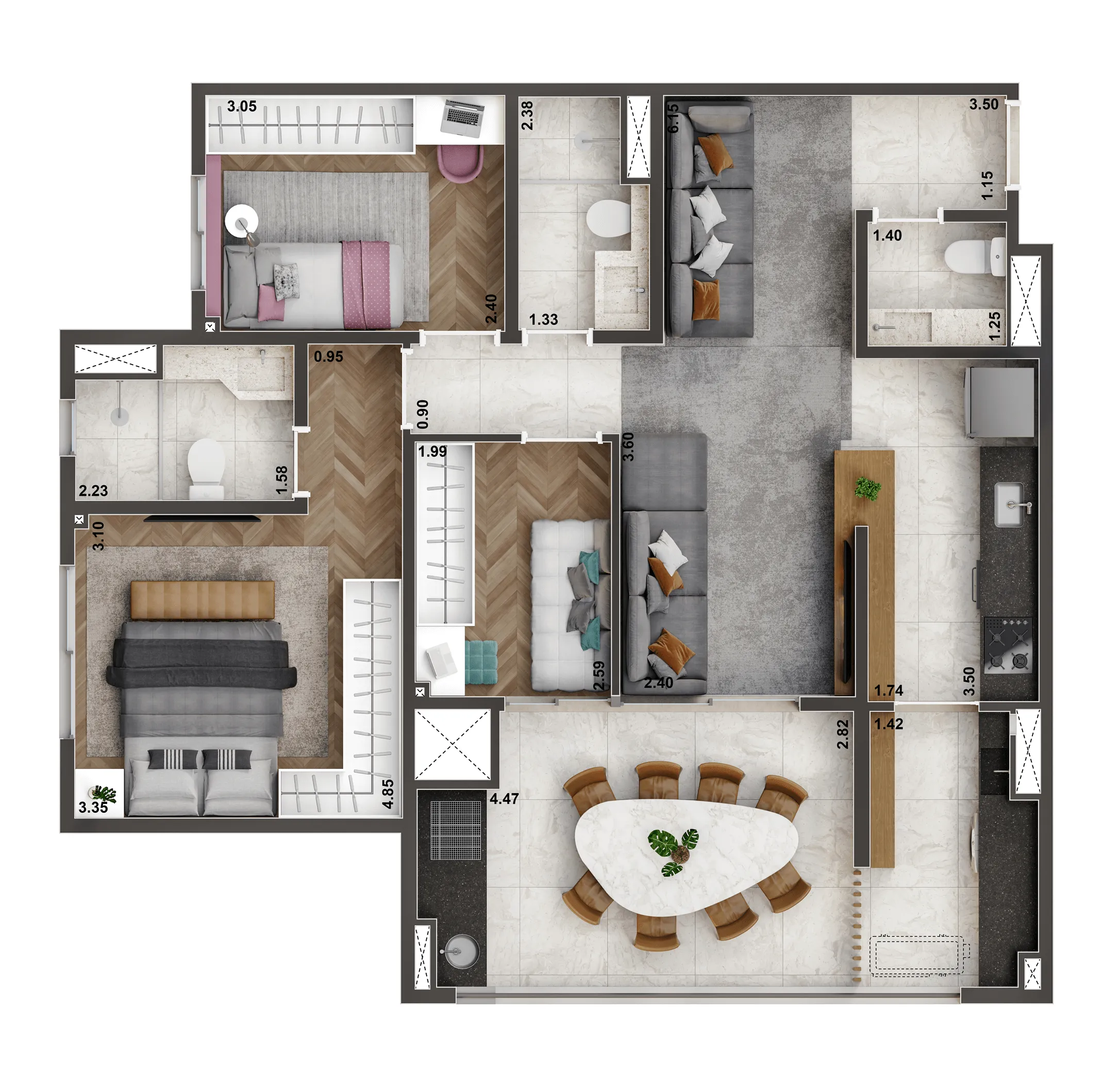 Planta Padrão de 84m² | 3 dorms | (1 suíte)