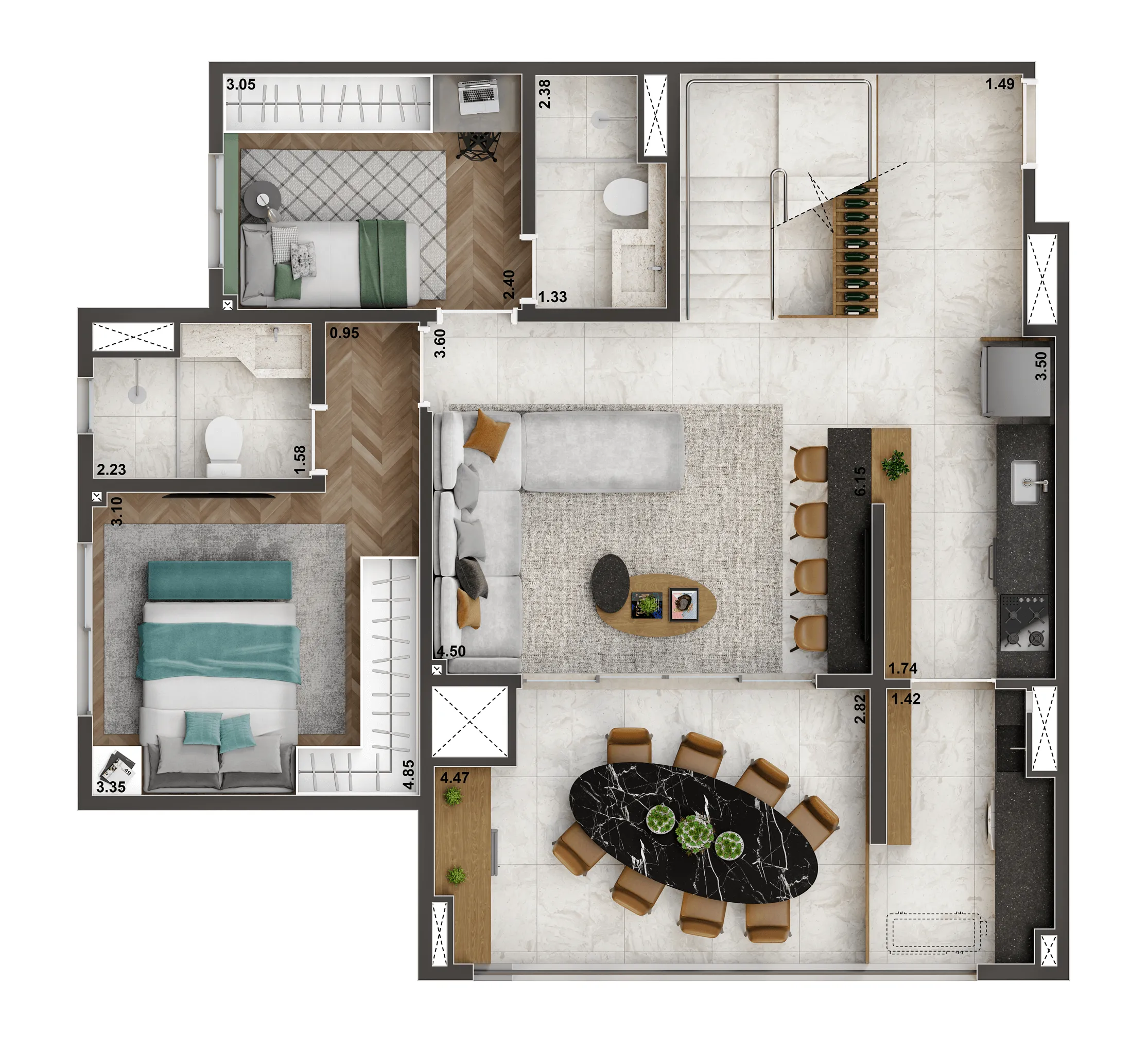 Planta Duplex Inferior de 163m² | 3 suítes