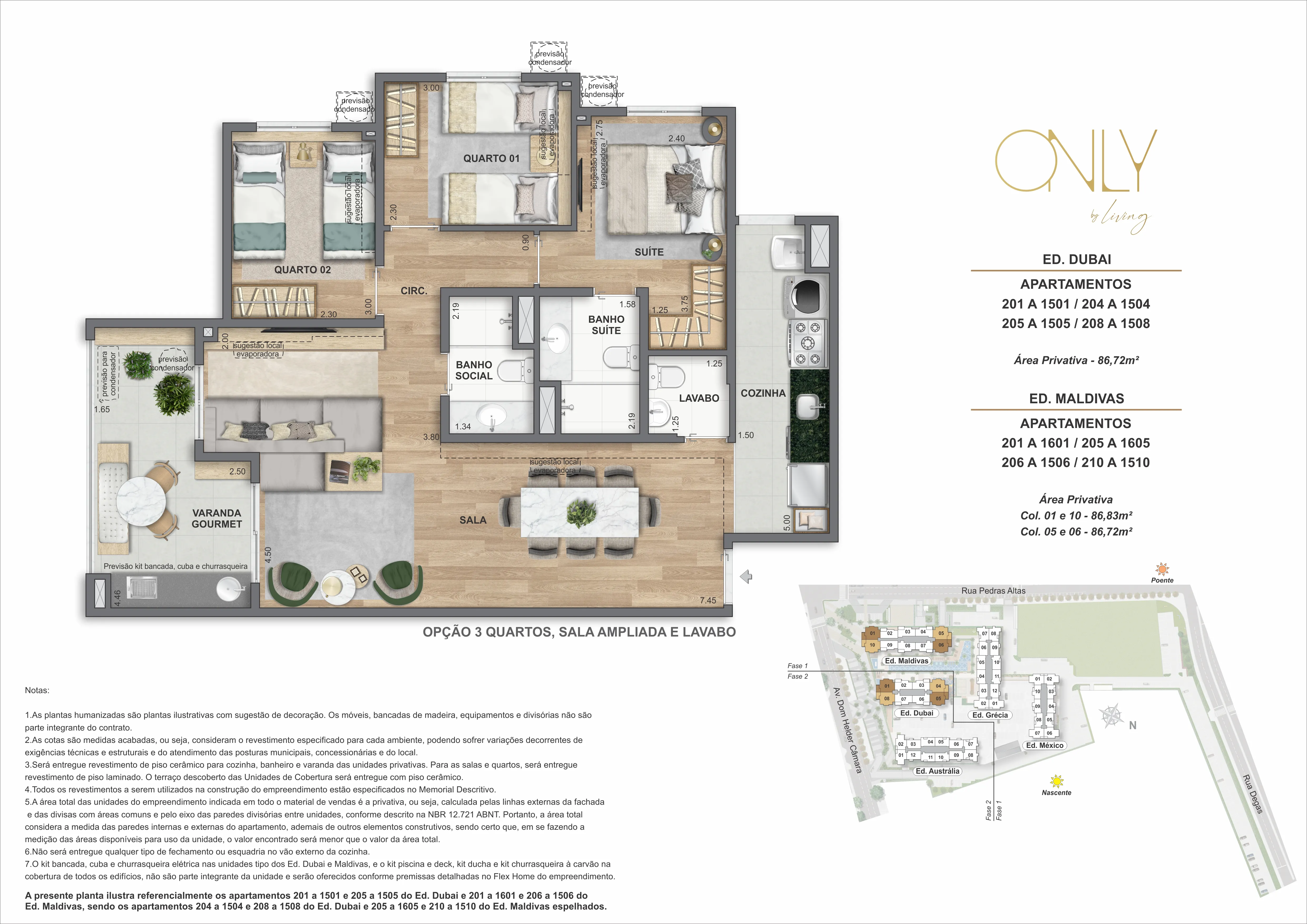 Opção 3 Quartos, Sala Ampliada e Lavabo - Área privativa total: 86,72m² até 86,83m²