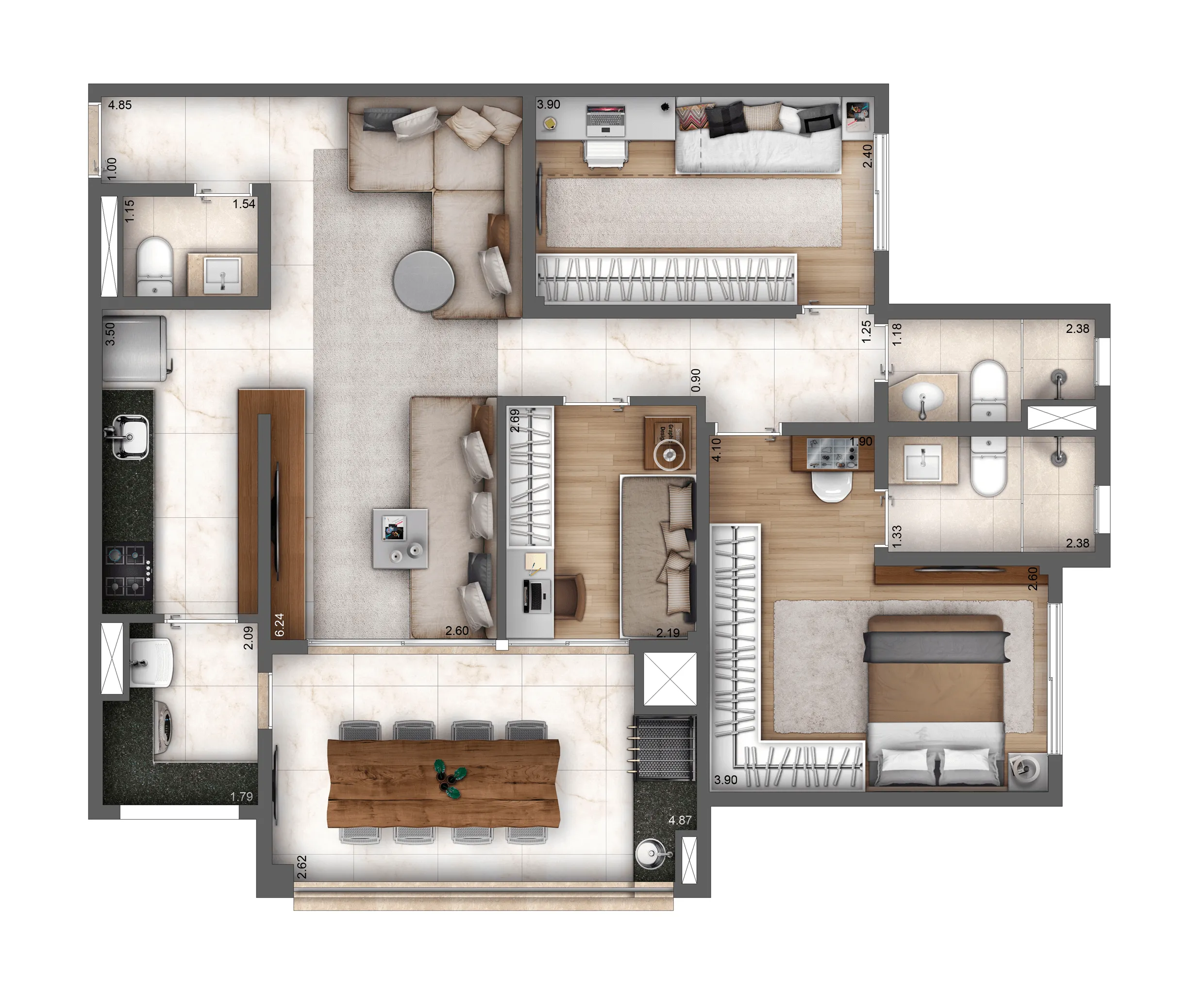 Planta Padrão 93m² | 3 dorms | 1 suíte