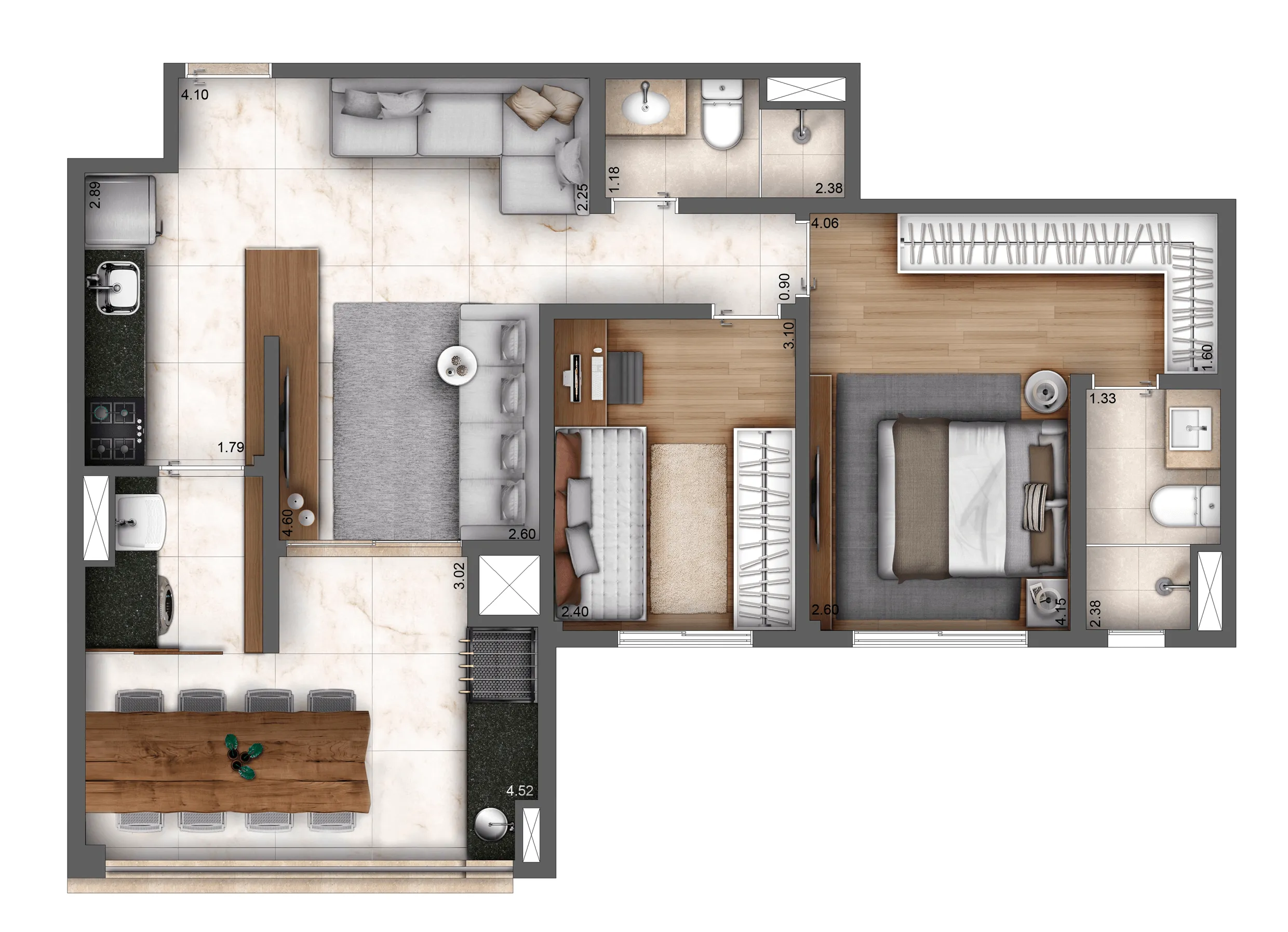 Planta Padrão 71m² | 2 dorms | 1 suíte