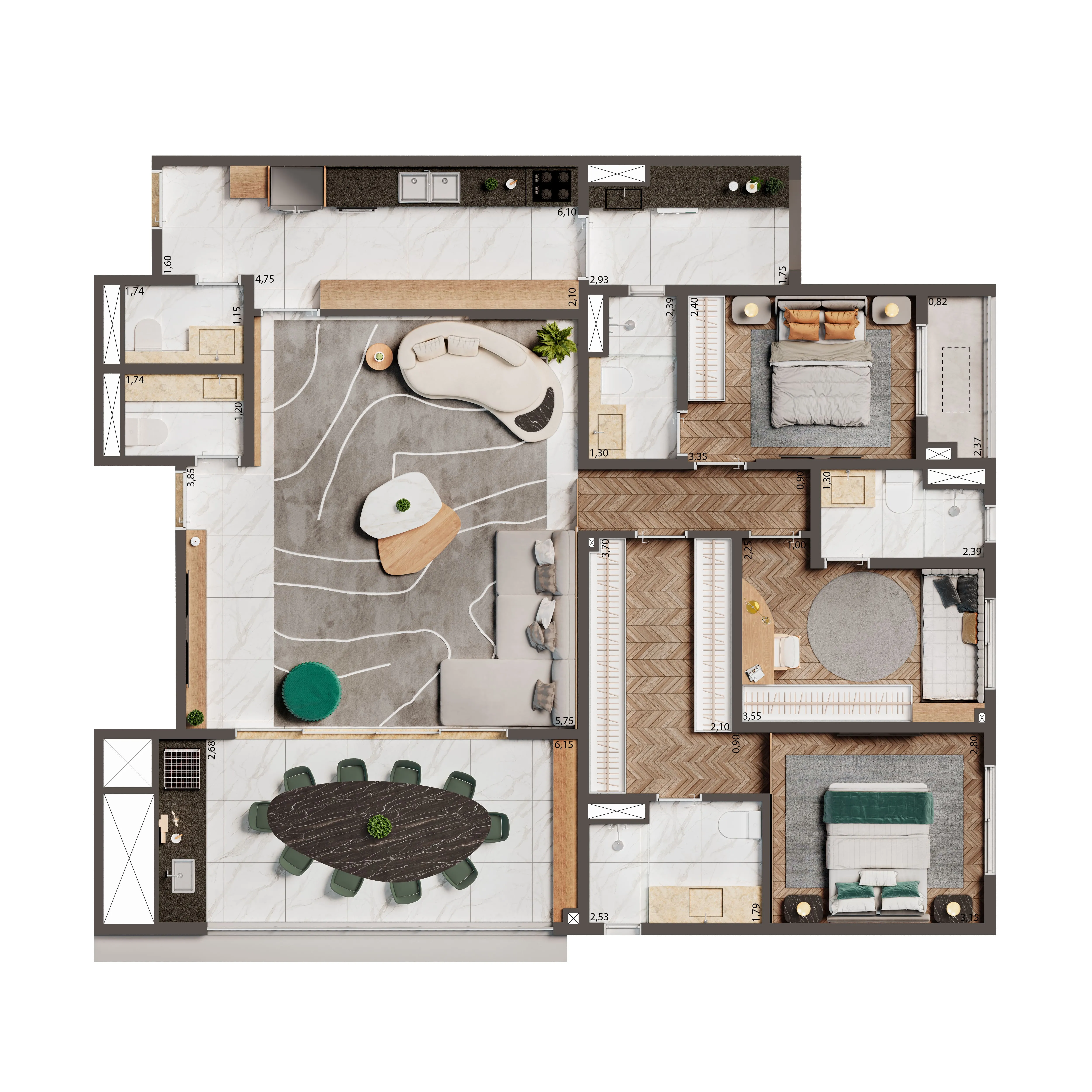 Planta Tipo Opção 134M² | 3 suítes 
