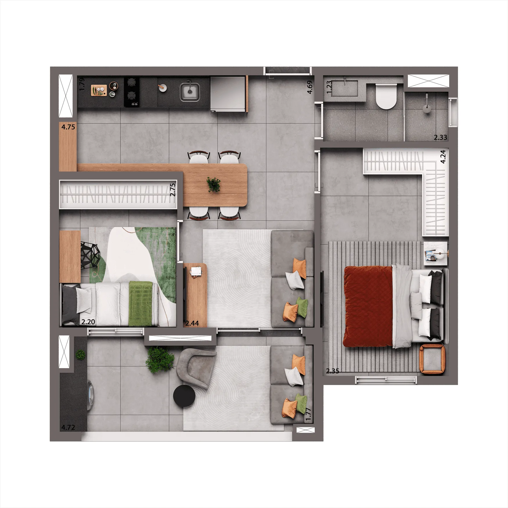 Planta Tipo 49m² | 2 dorms.