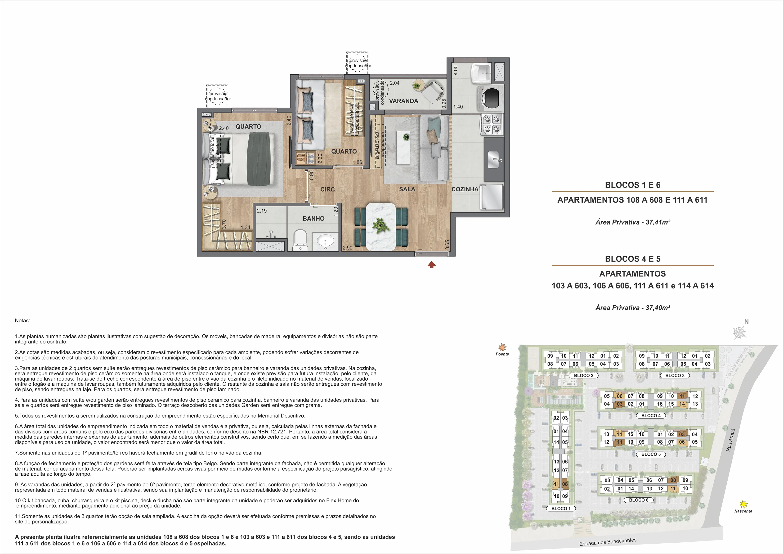 2 quartos - Área privativa: 37,40m² até 37,41m²