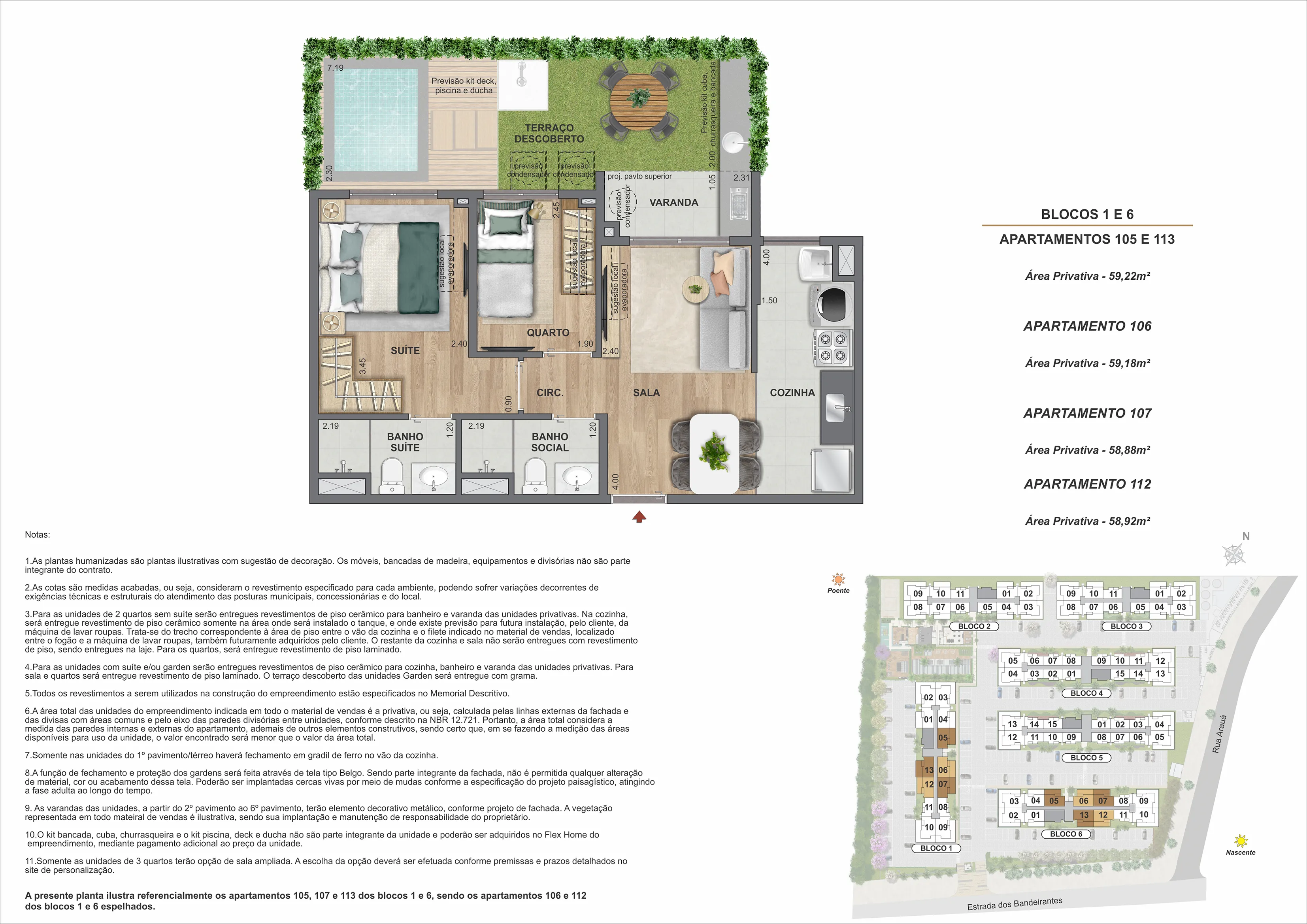 2 quartos garden com suíte - Área Privativa: 59 m²