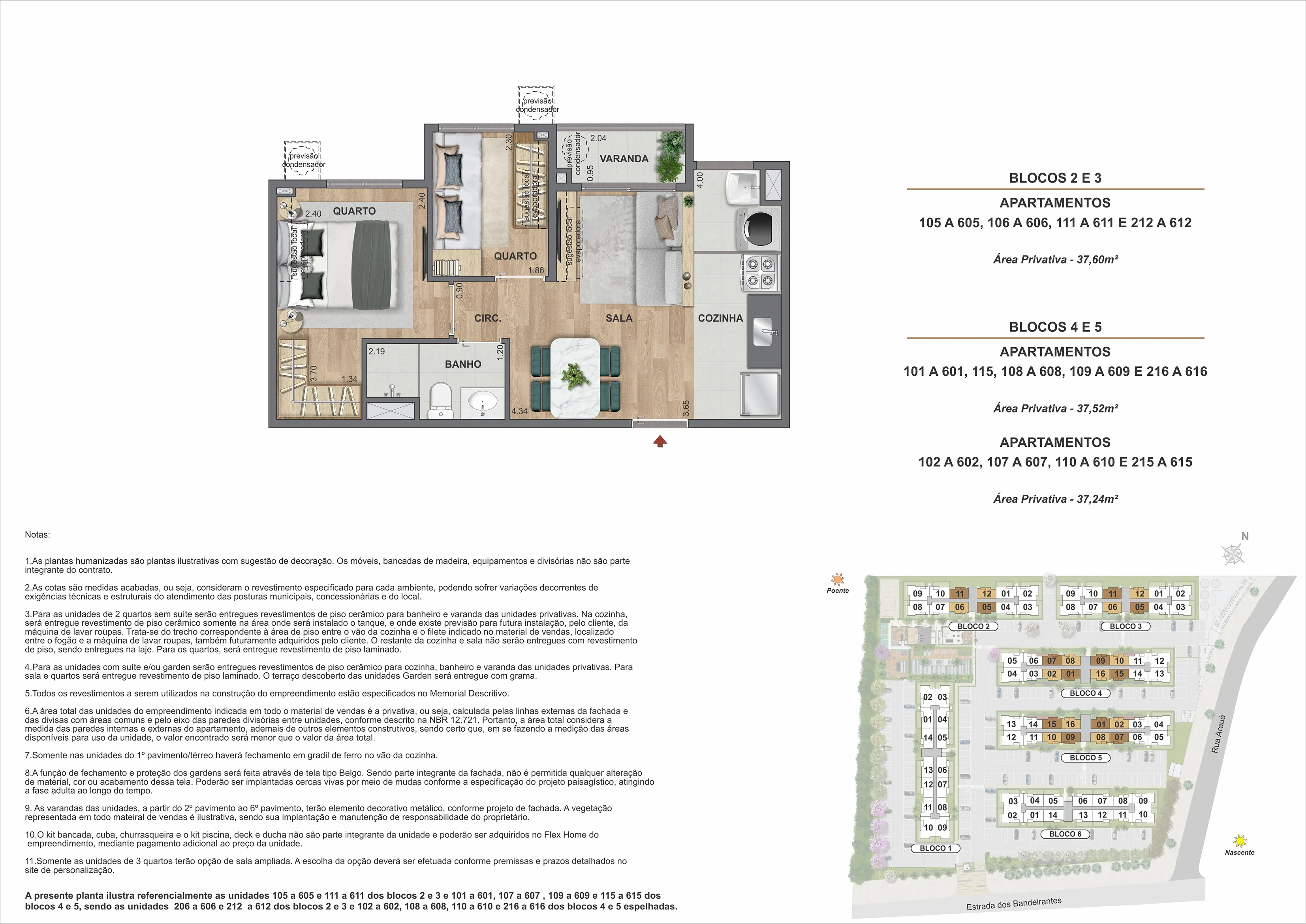 2 quartos - Área privativa: 37,24m² até 37,60m²