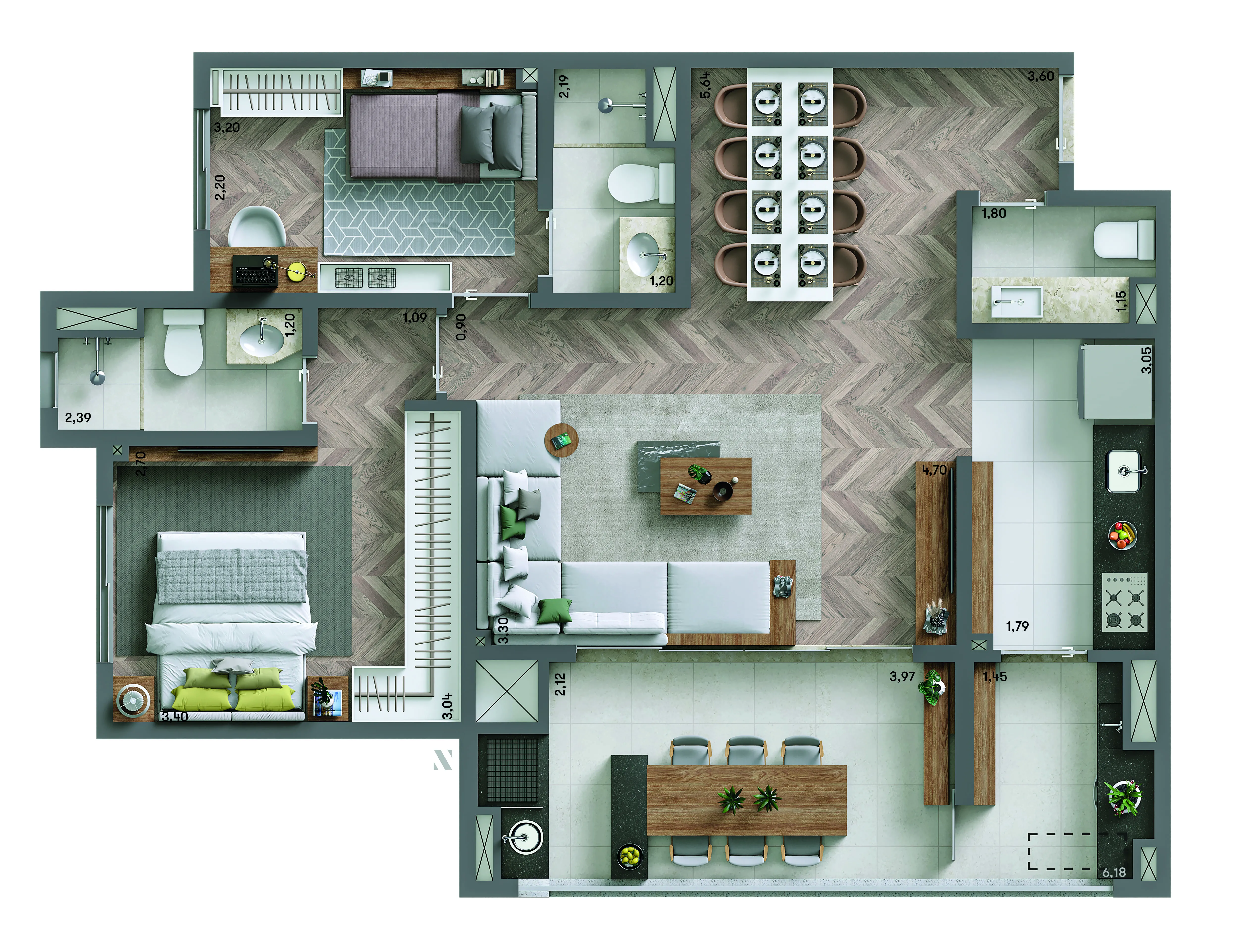 Planta Padrão Ampliado 76m² | 2 suítes