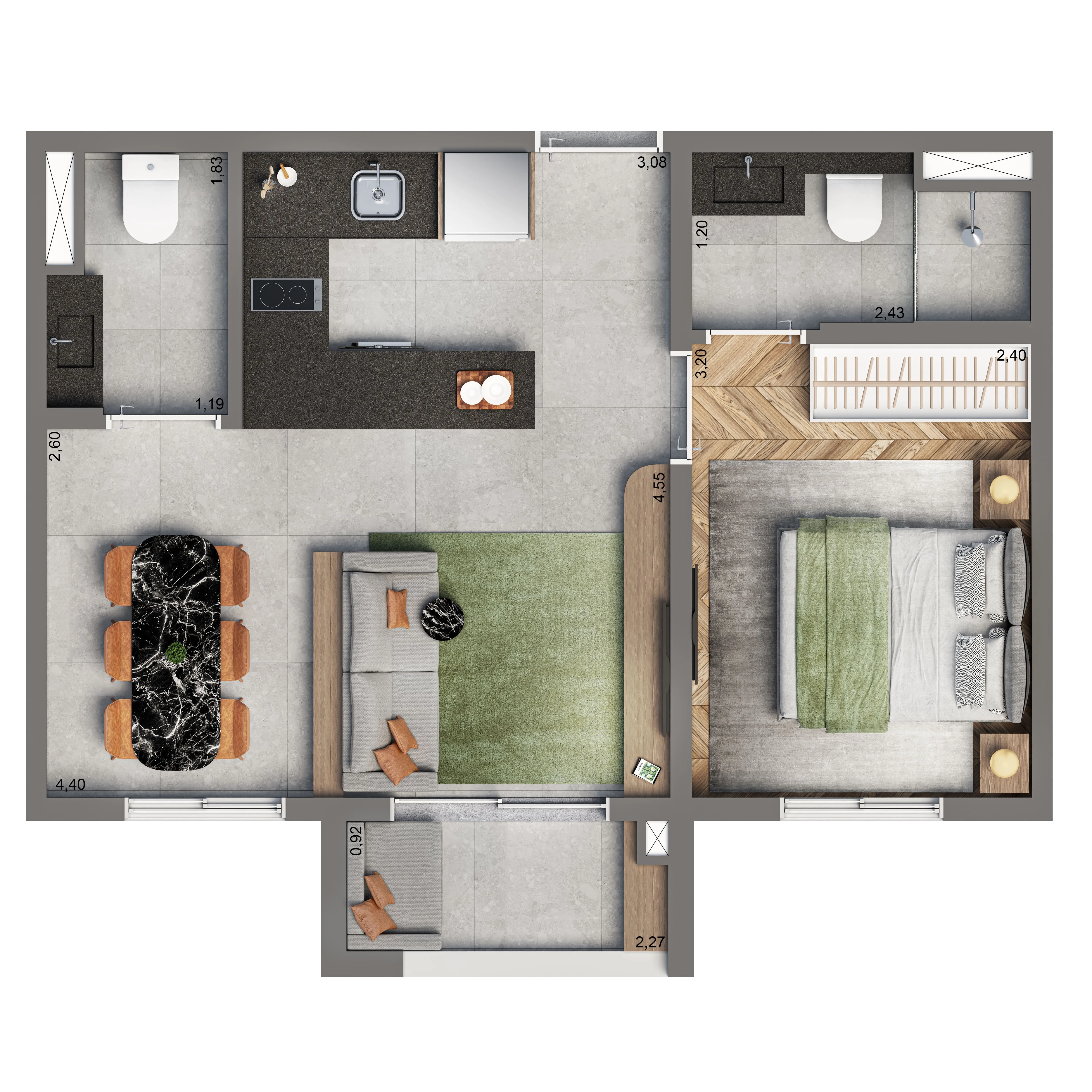 Planta Opção 37m² | 1 suíte | Lavabo