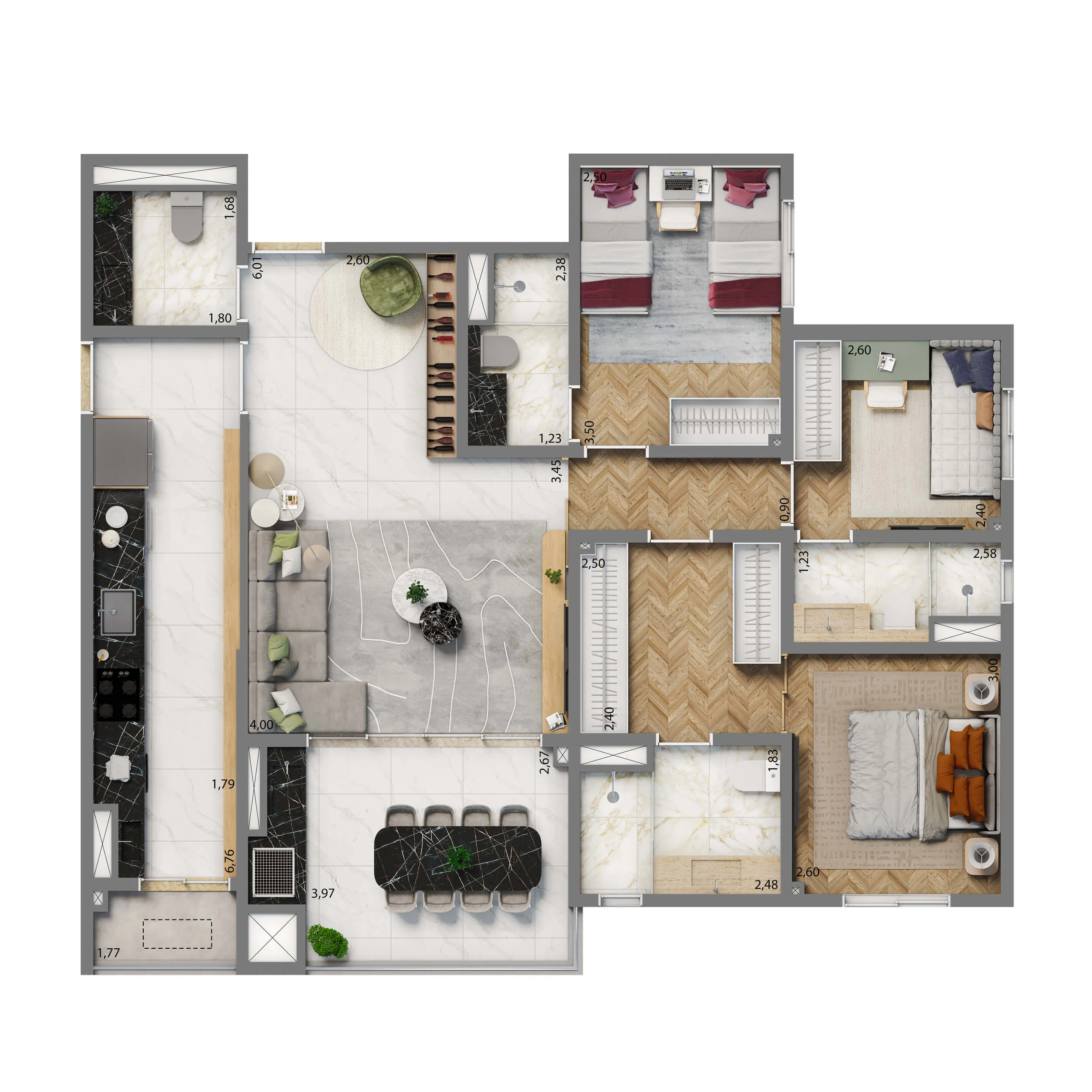 Planta Opção 102m² | 3 suítes