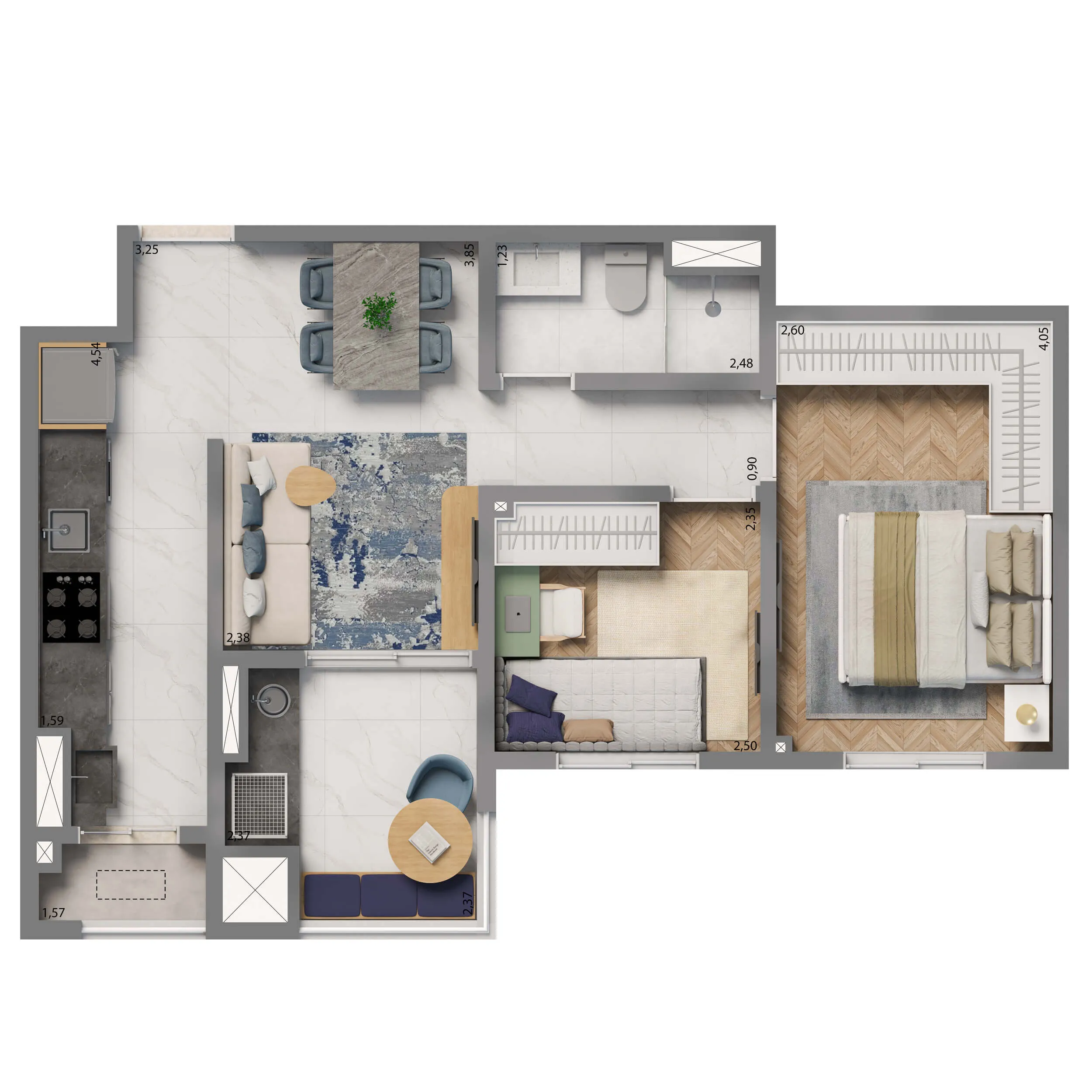 Planta Opção 52m² | 2 dorms. 