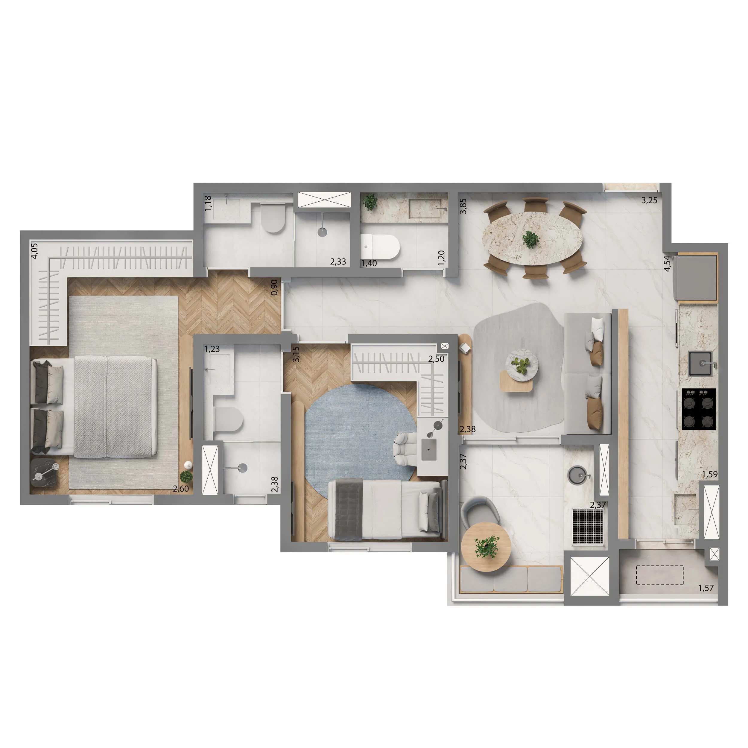 Planta Opção 61m² | 2 suítes 
