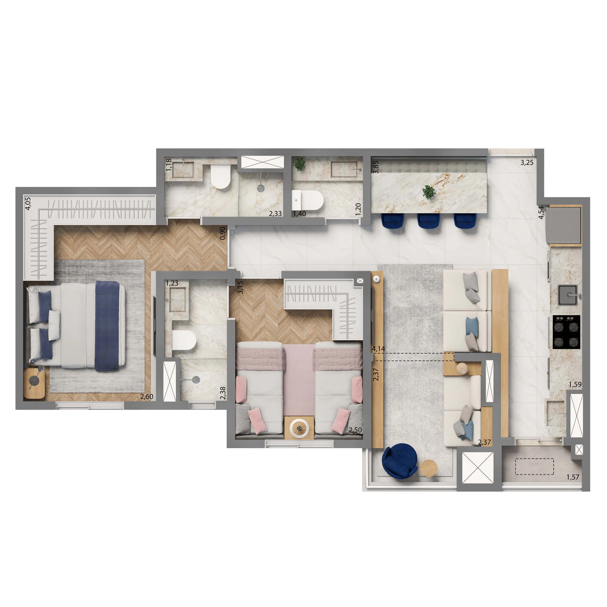 Planta Padrão 61m² | 2 suítes 
