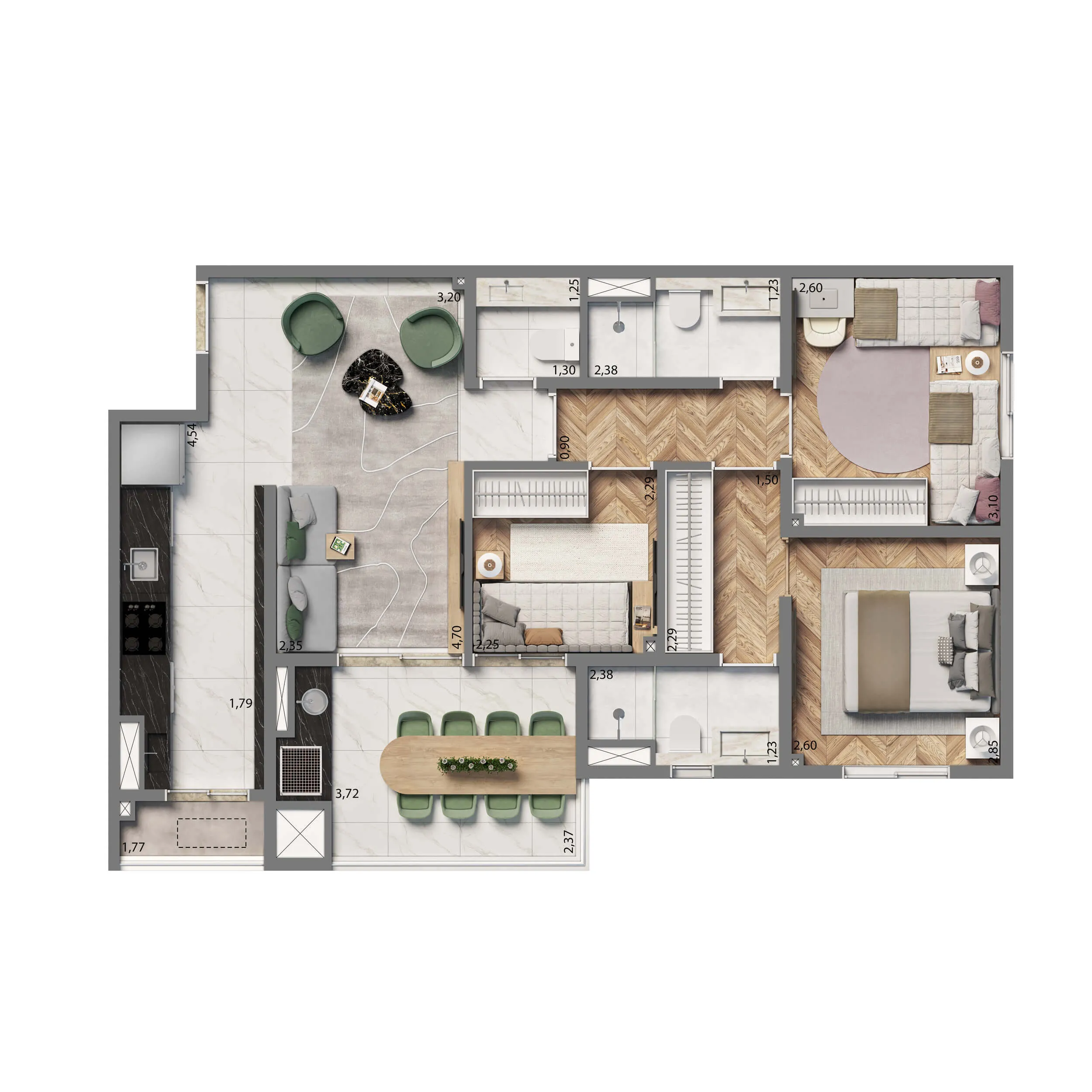 Planta Opção 74m² | 3 dorms. | 1 suíte