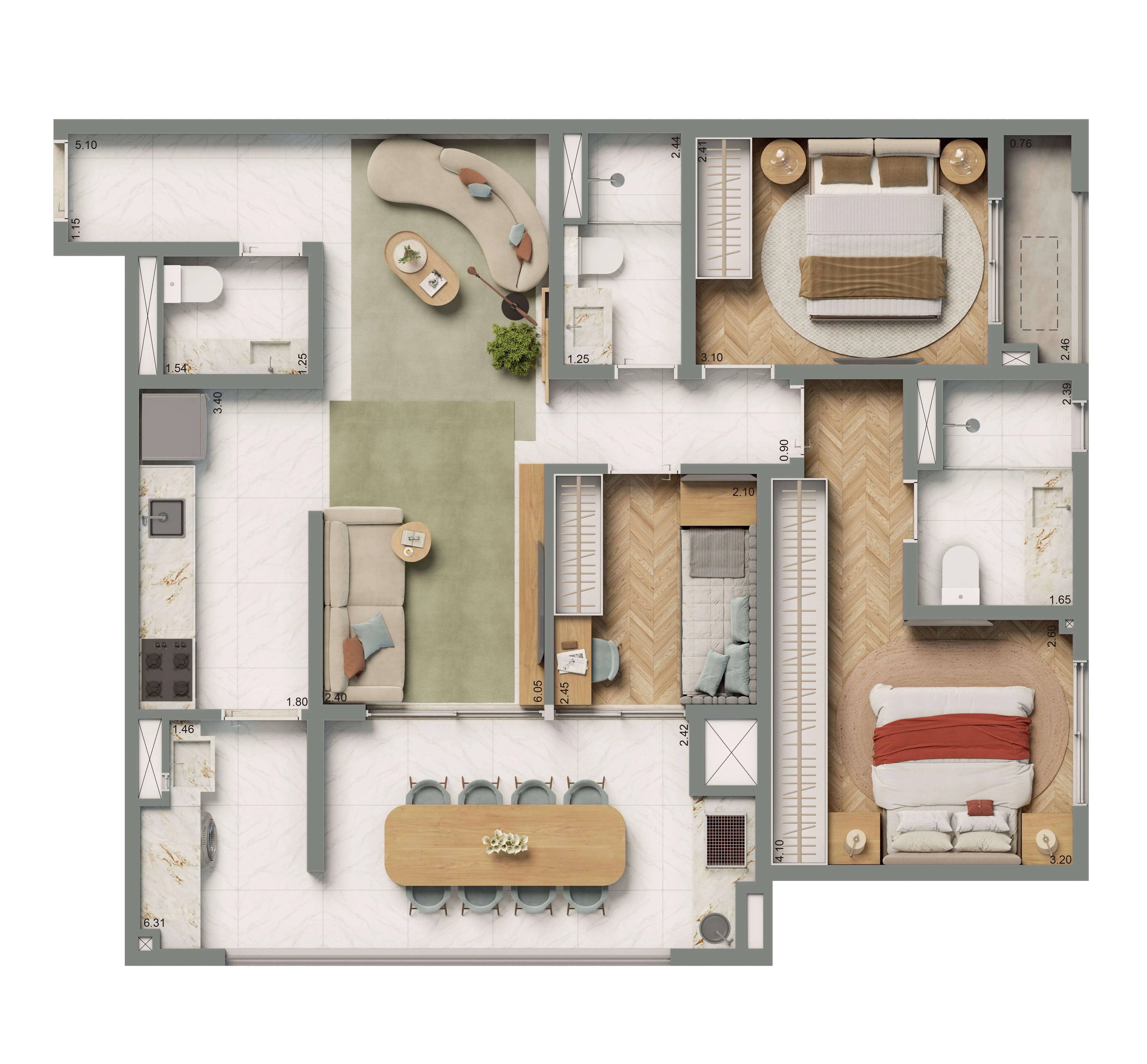 Planta Opção 87m² | 2 dorms. | 1 suíte