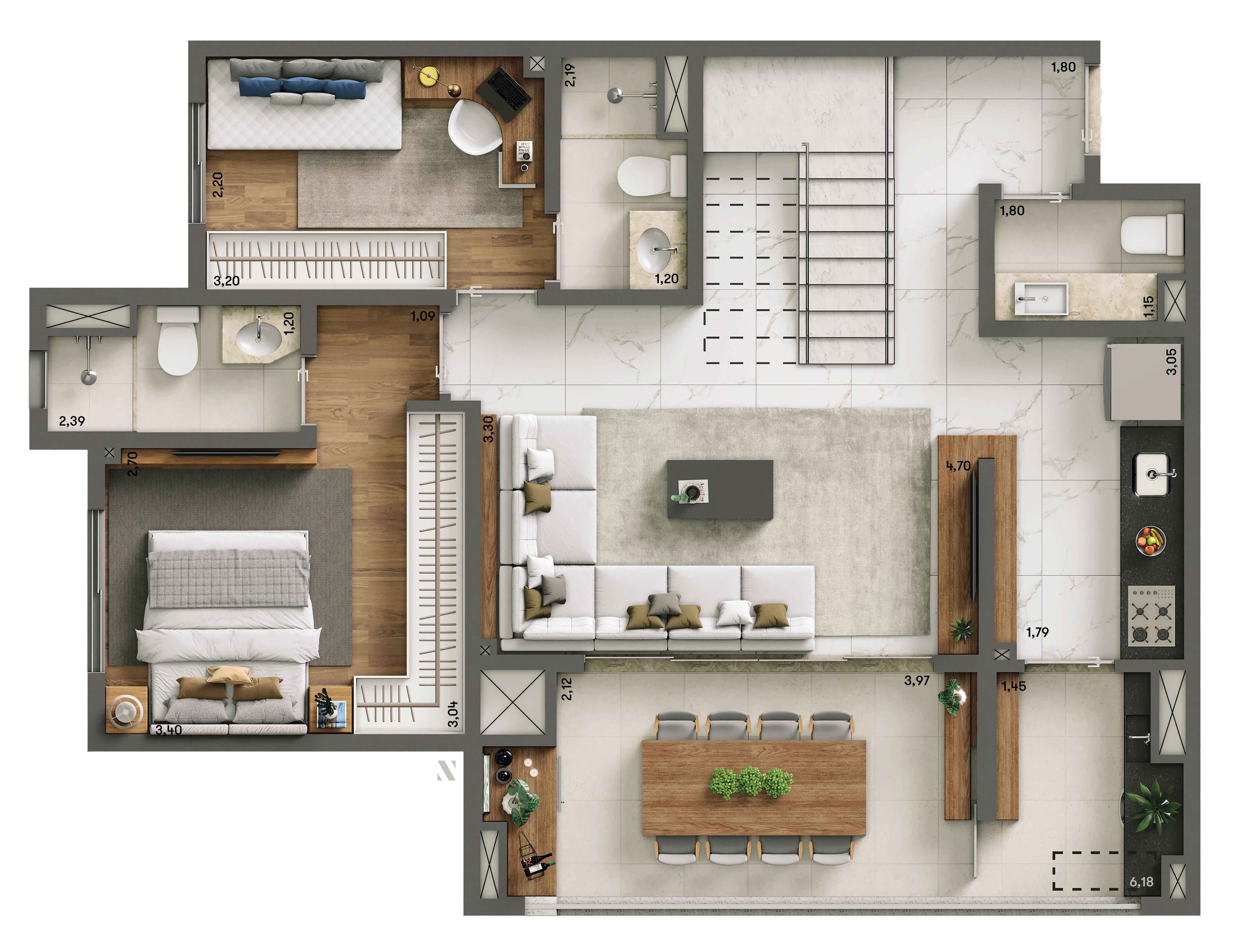 Planta Duplex Inferior 145m² | 2 suítes 