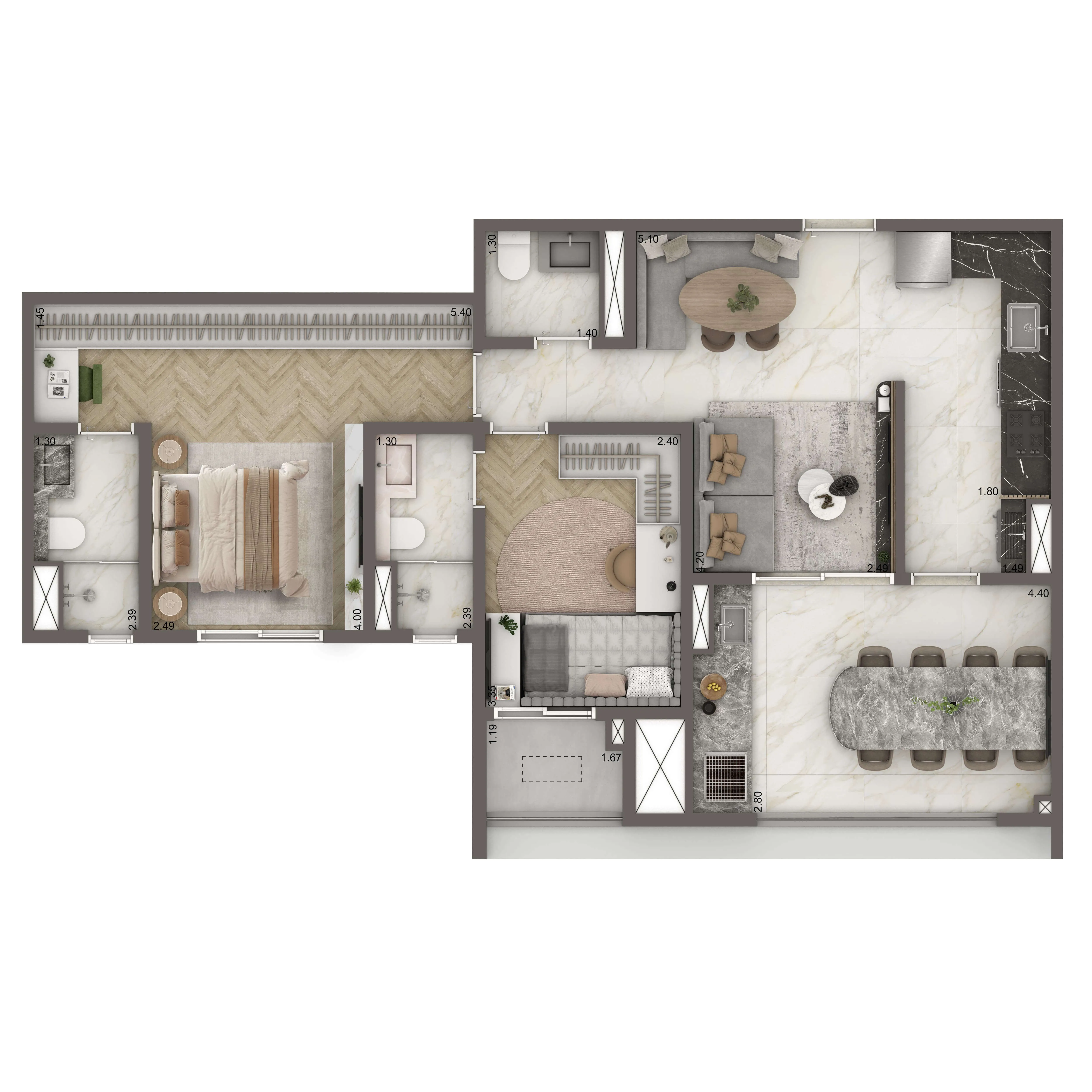 Planta Padrão 75m² | 2 suítes | 1 vaga