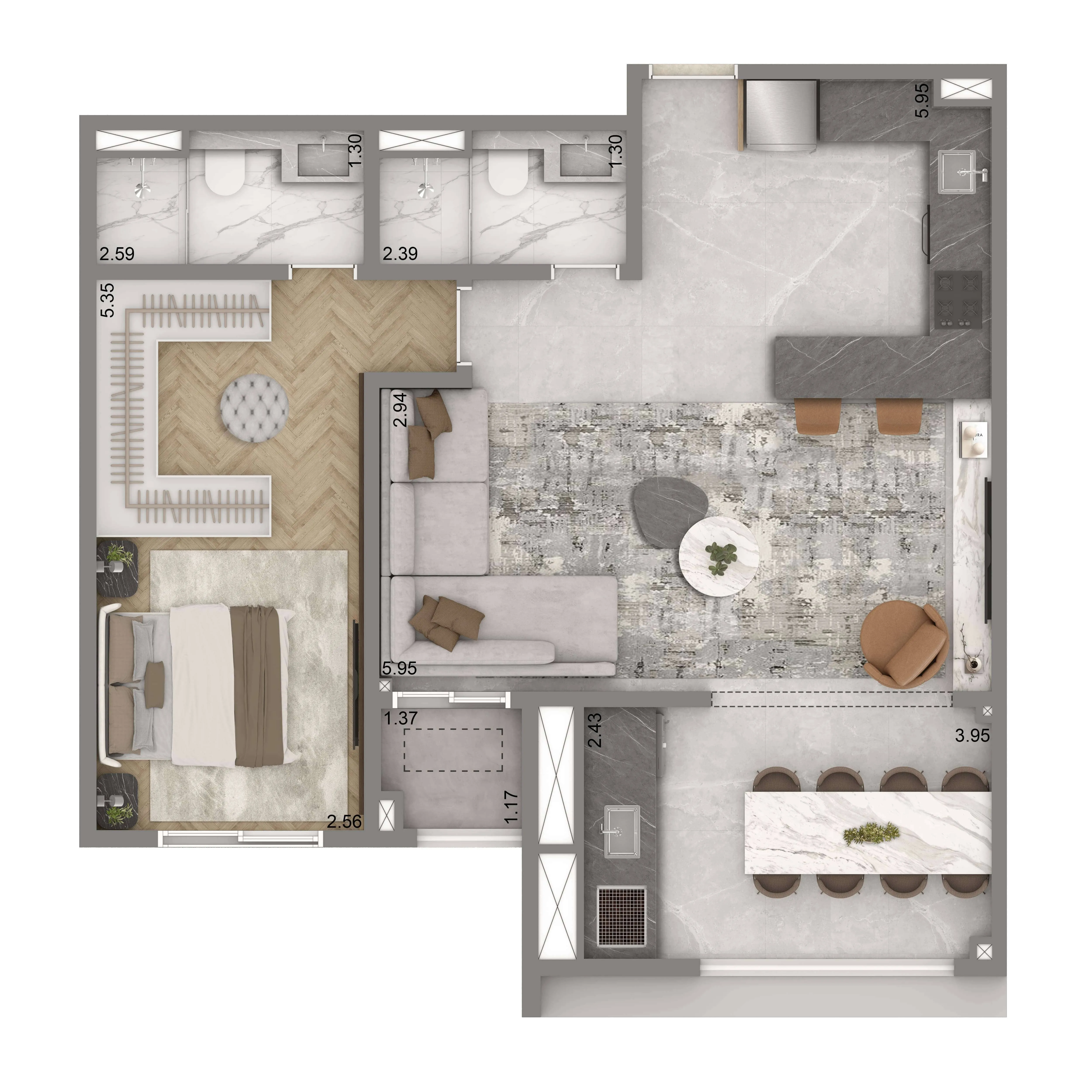 Planta Opção 69m² | 1 suíte | 1 vaga