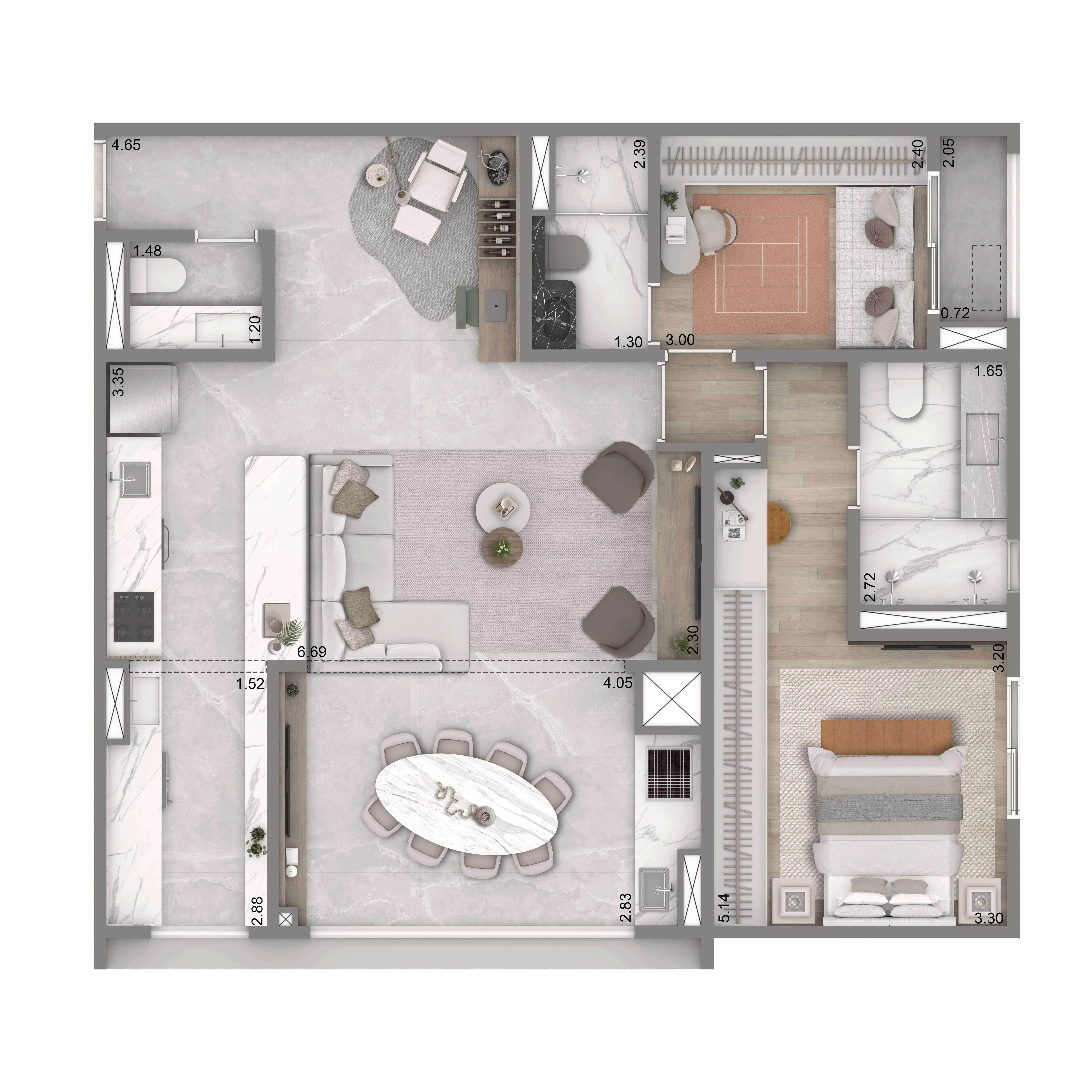 Planta Padrão 93m² | 2 suítes | Cozinha Integrada | 1 vaga